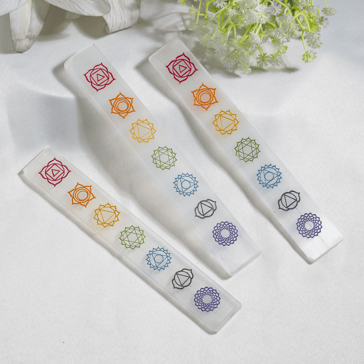 6" Selenite Charging Plate with 7 Chakra Signs, Engraved Chakra Selenite Plate DestGlow