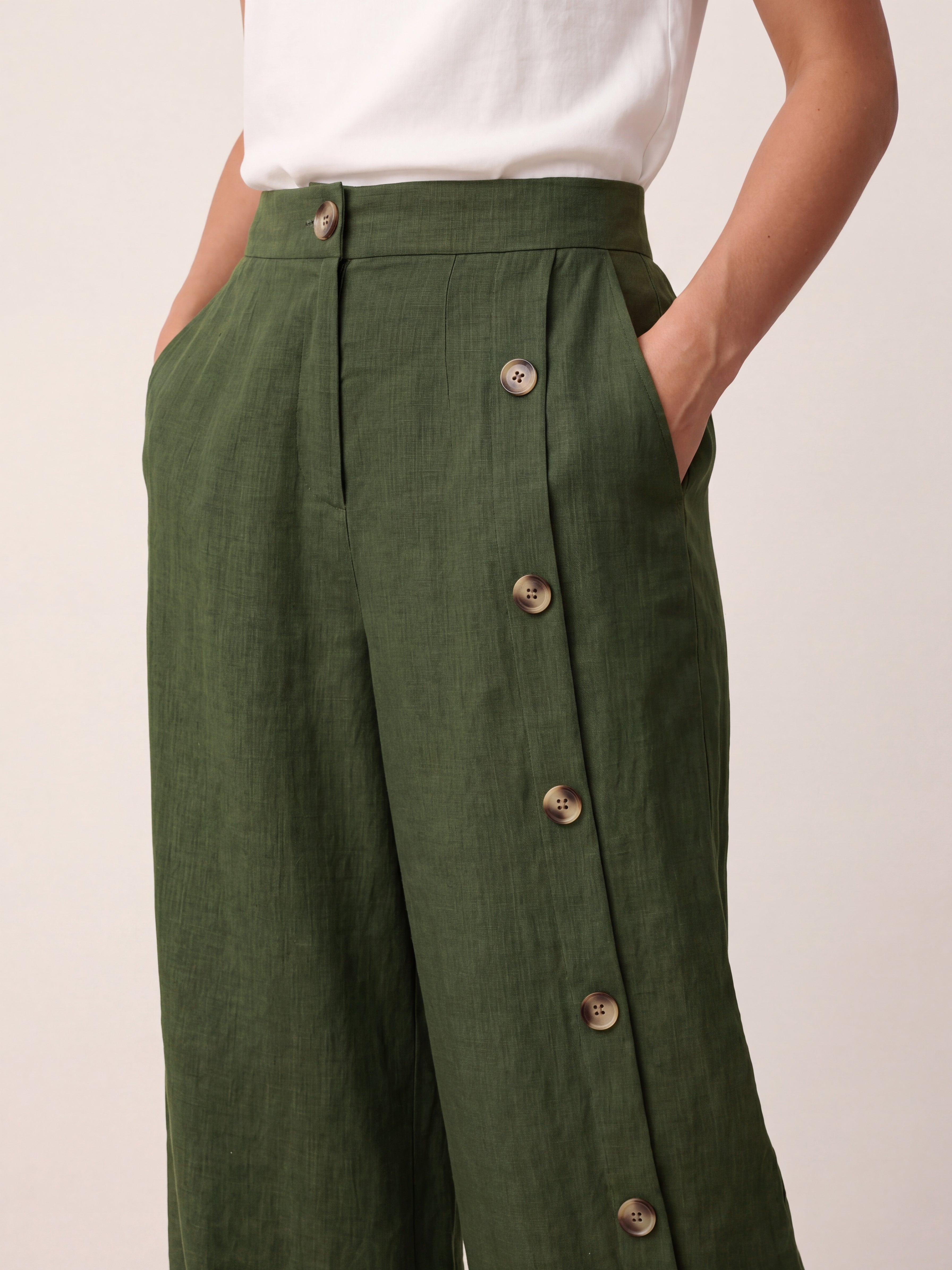 100% Linen Buttoned Slit-Hem Pants KATYA DestGlow