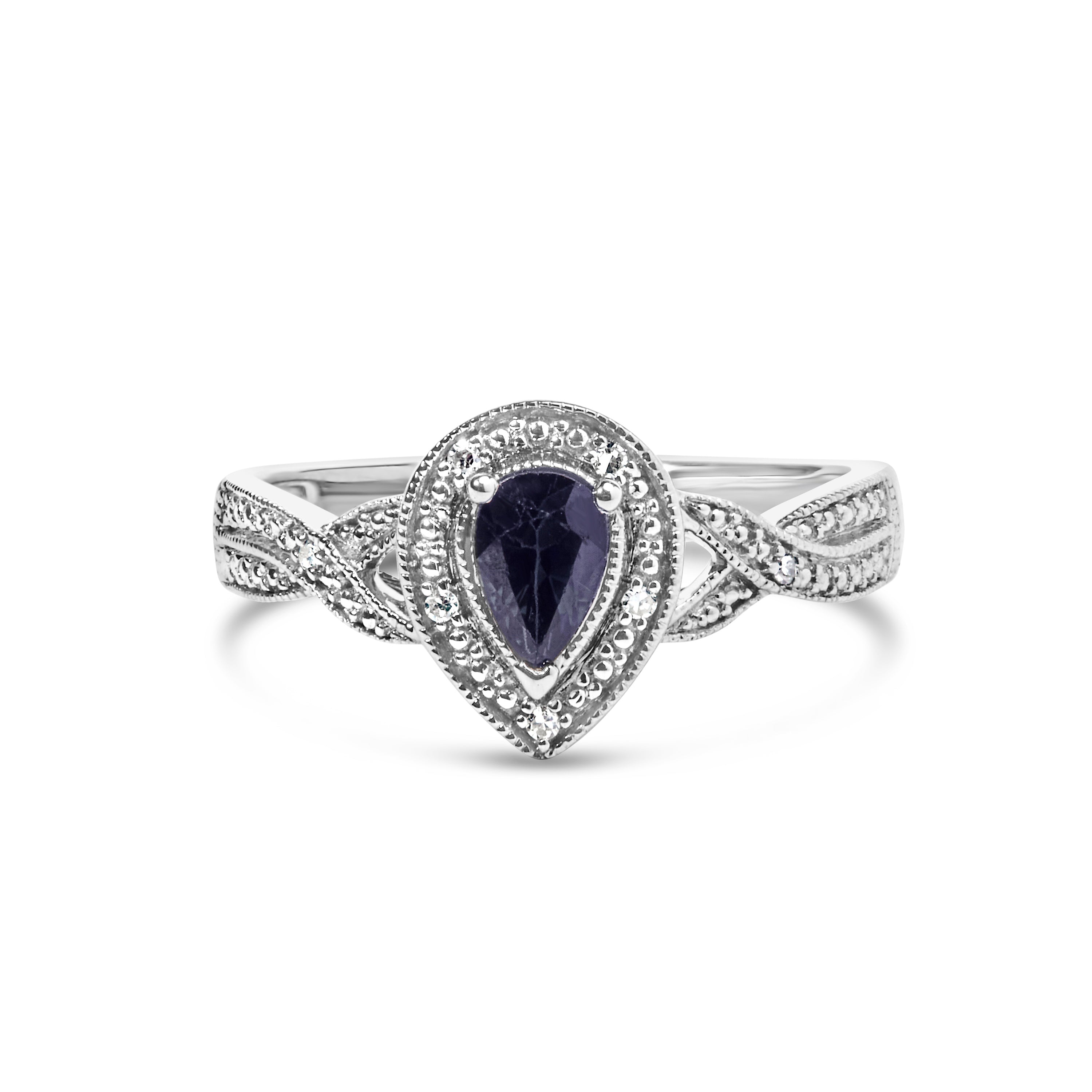 .925 Sterling Silver 6x4mm Pear Sapphire Gemstone with Diamond Accent Fashion Halo Ring (H-I Color, SI1-SI2 Clarity) - Size 7 DestGlow