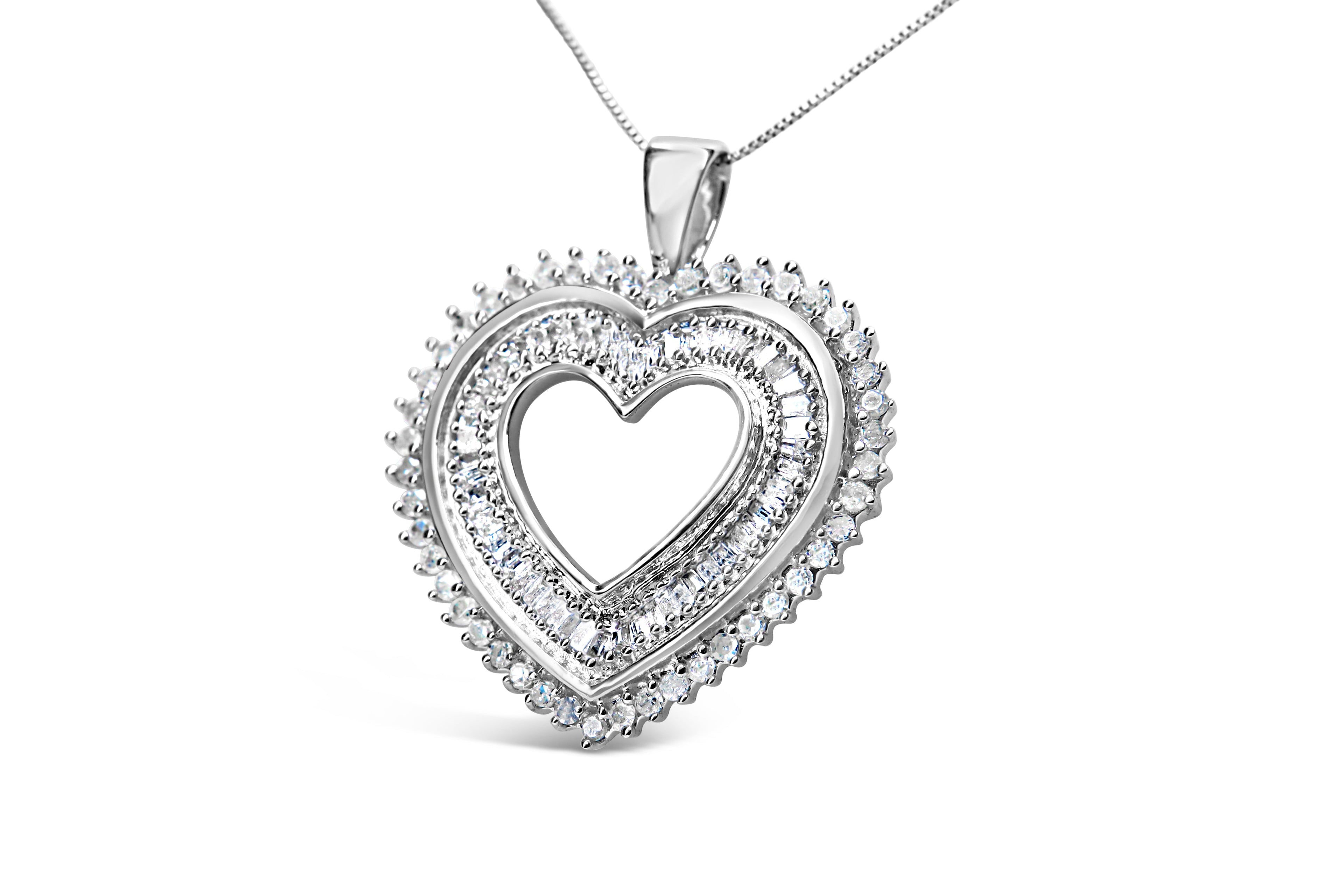 .925 Sterling Silver 1.0 Cttw Baguette and Round Diamond Heart Pendant 18" Necklace (H-I Color, I3 Clarity) by Bids.com