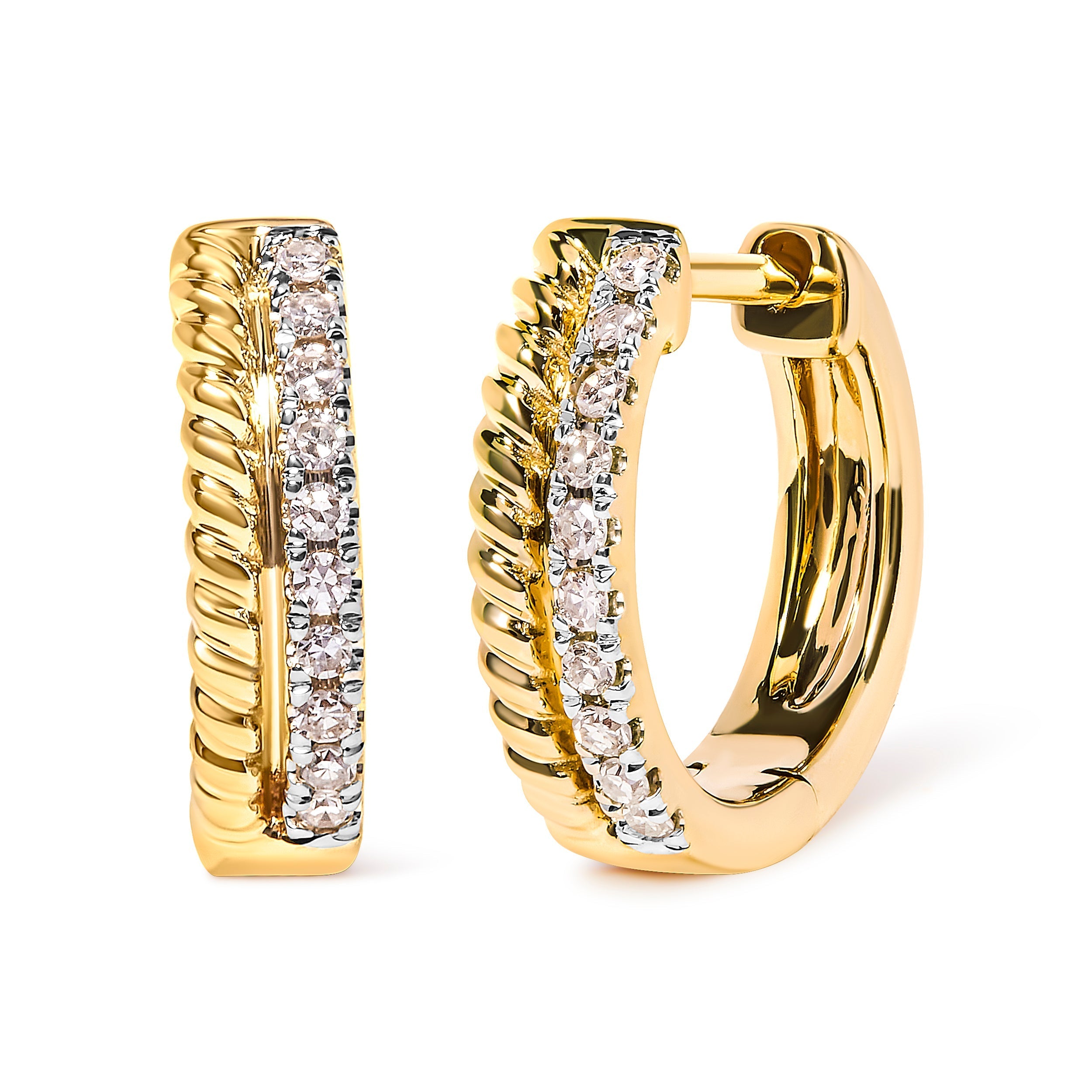10K Yellow Gold 1/10 Cttw Diamond and Rope Twist Huggy Hoop Earrings (H-I Color, I1-I2 Clarity) DestGlow