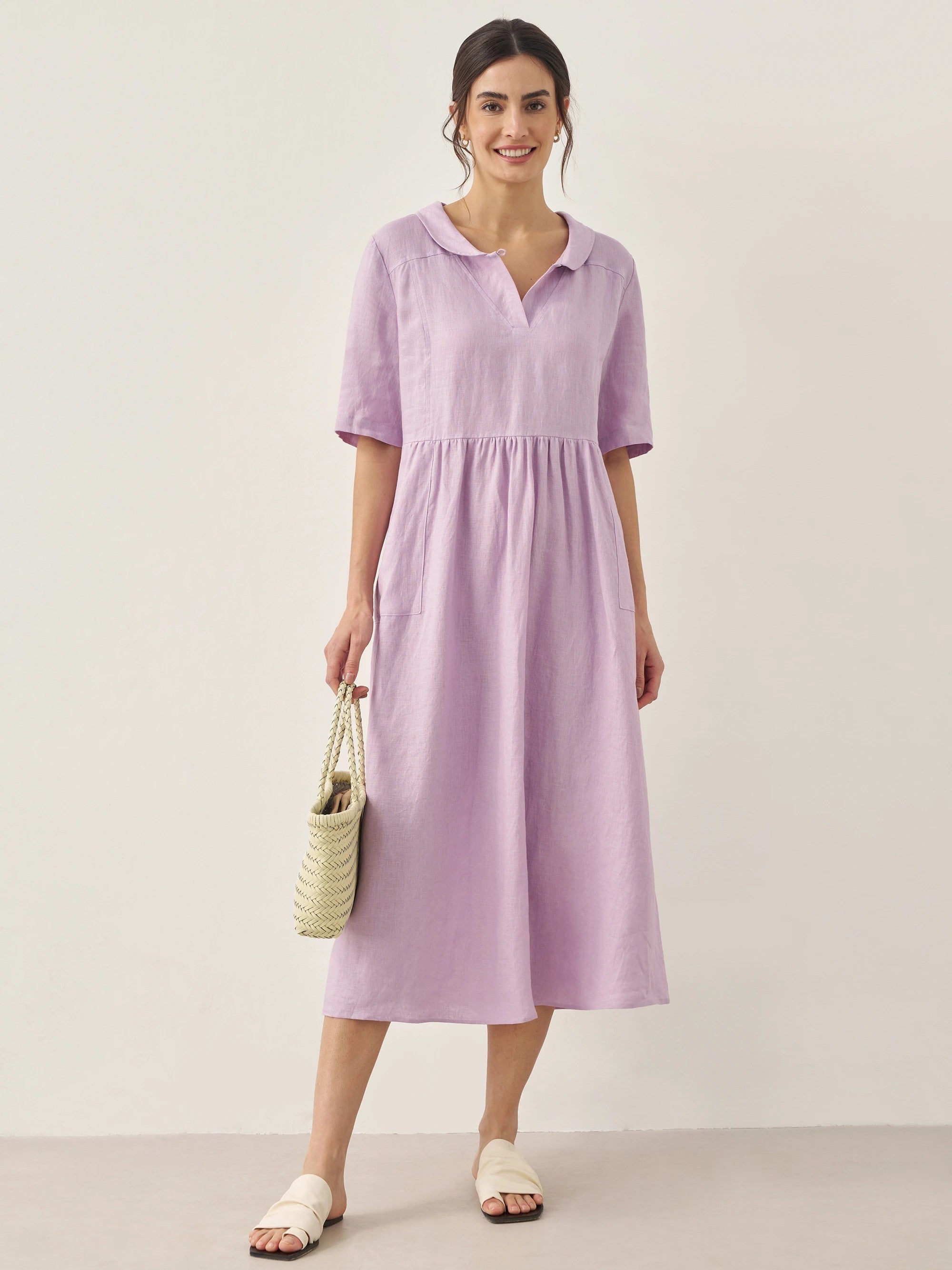 100% Linen Shawl V-Neck Pleated Maxi Dress SUSAN by LINTICO