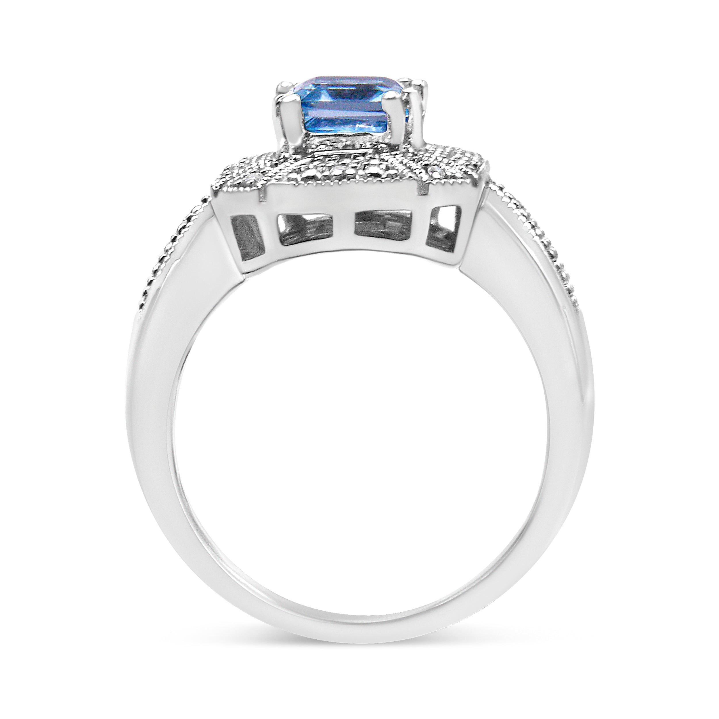 .925 Sterling Silver Diamond Accent and 8X6 mm Emerald-Shape Blue Topaz Ring (I-J Color, I2-I3 Clarity) - Ring Size 7 DestGlow