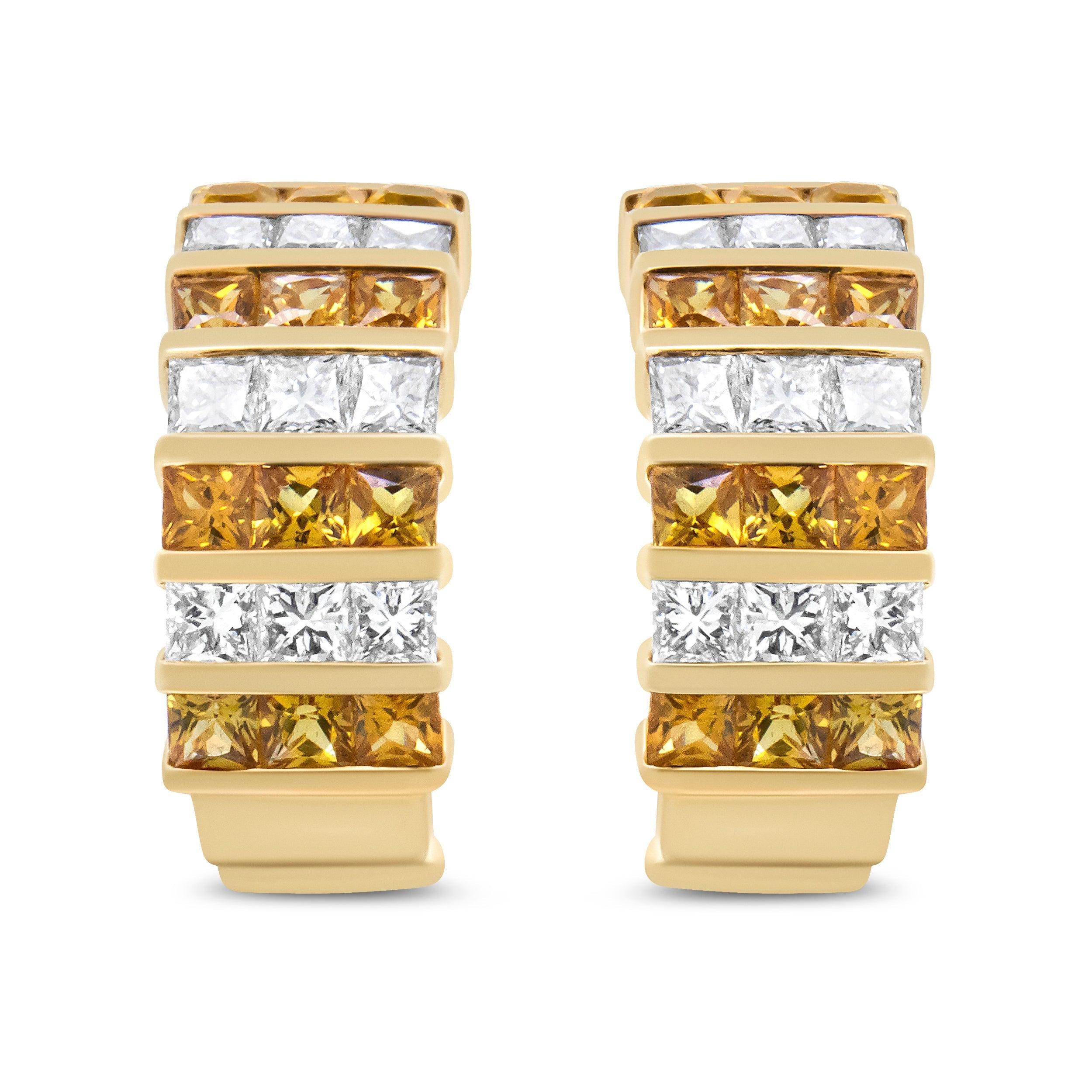 18K Yellow Gold 1 3/4 Cttw Invisible Set Princess Cut Diamond and 2.5mm Yellow Sapphire Huggie Hoop Earrings (F-G Color, VS1-VS2 Clarity)