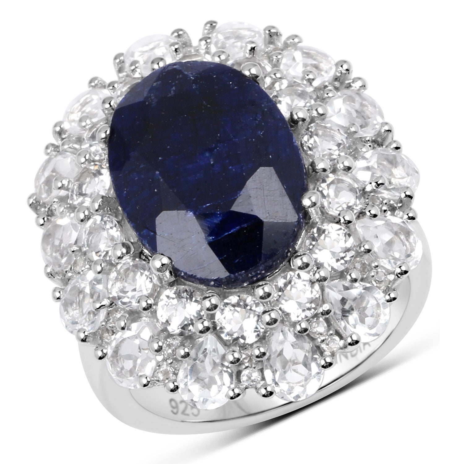 10.64 Carat Dyed Sapphire and White Topaz .925 Sterling Silver Ring DestGlow