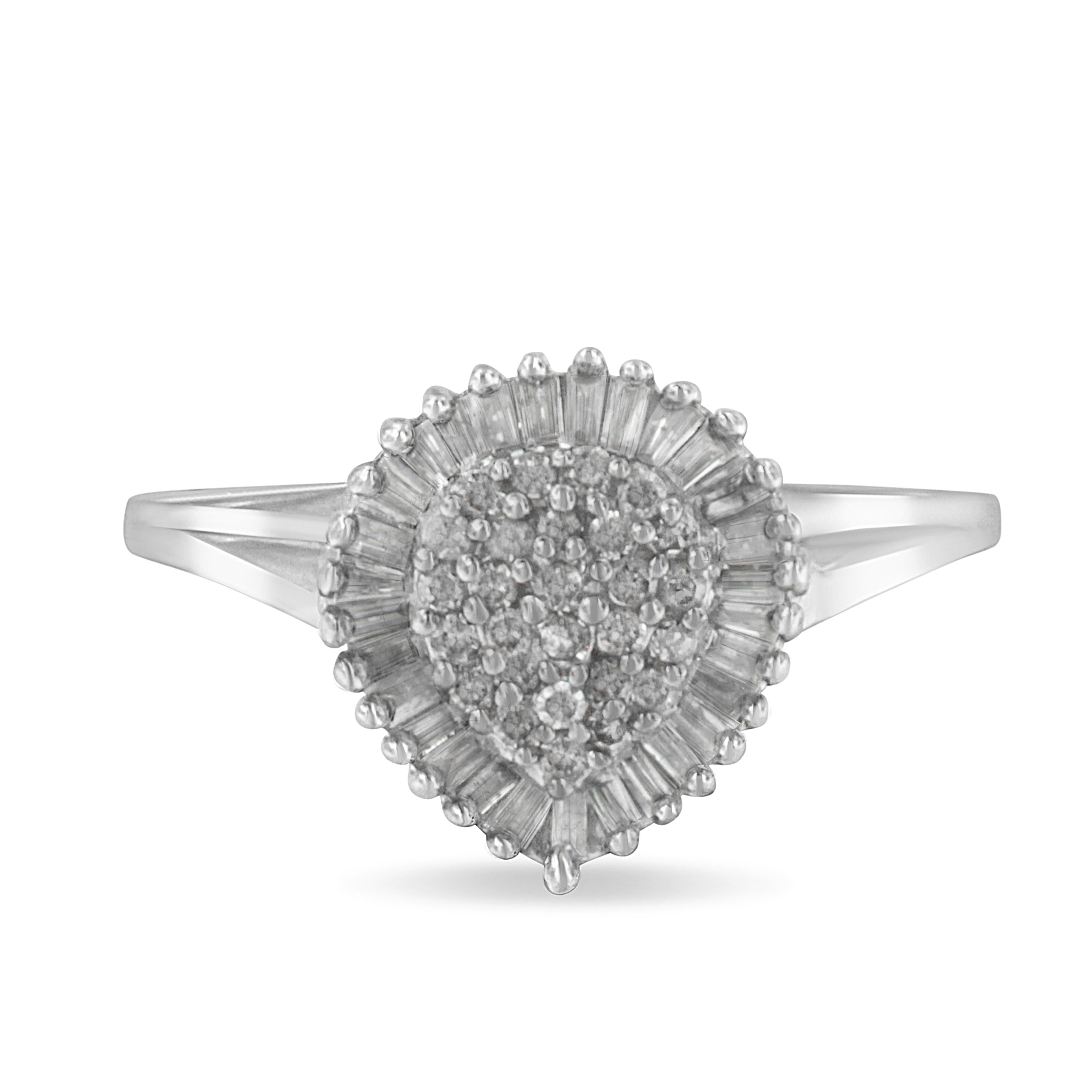 10K White Gold 1/2 Cttw Round & Baguette Cut Diamond Pear Shaped Domed Pavé Cluster with Halo Cocktail Ring (H-I Color, SI1-SI2 Clarity) - Size 5 by Bids.com