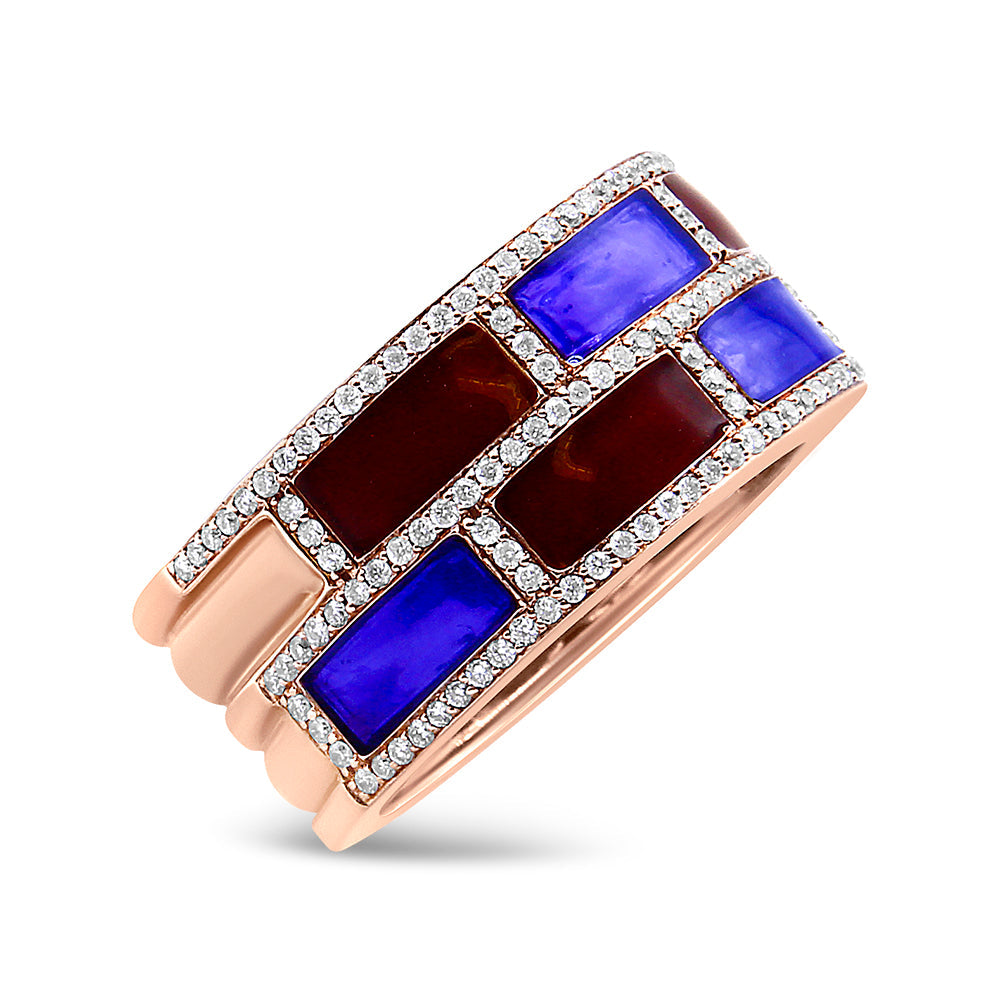 18K Rose Gold Alternating Red and Blue Enamel and 1/2 Cttw Diamond Studded Band Ring (F-G Color, VS1-VS2 Clarity) - Ring Size 7 by Bids.com