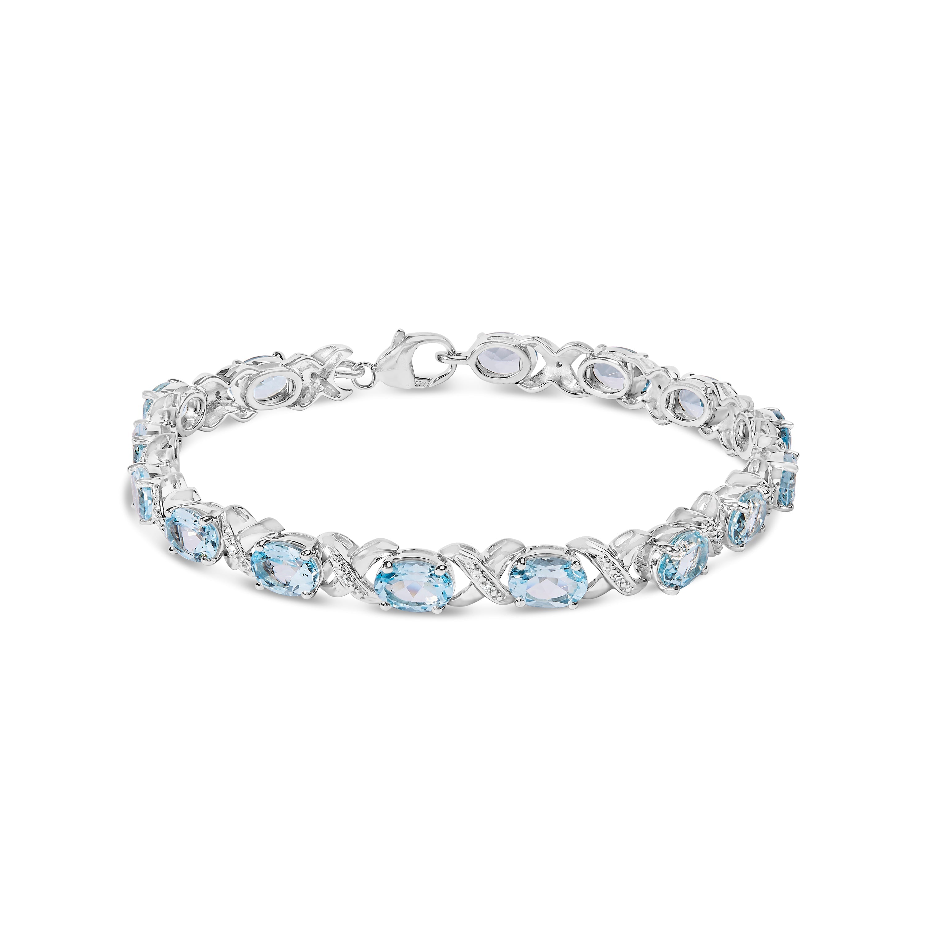 .925 Sterling Silver 16.0 Cttw Oval Blue Topaz and Diamond Accent Tennis X Link Bracelet (I-J Color, I1-I2 Clarity) - Size 7" Inch DestGlow