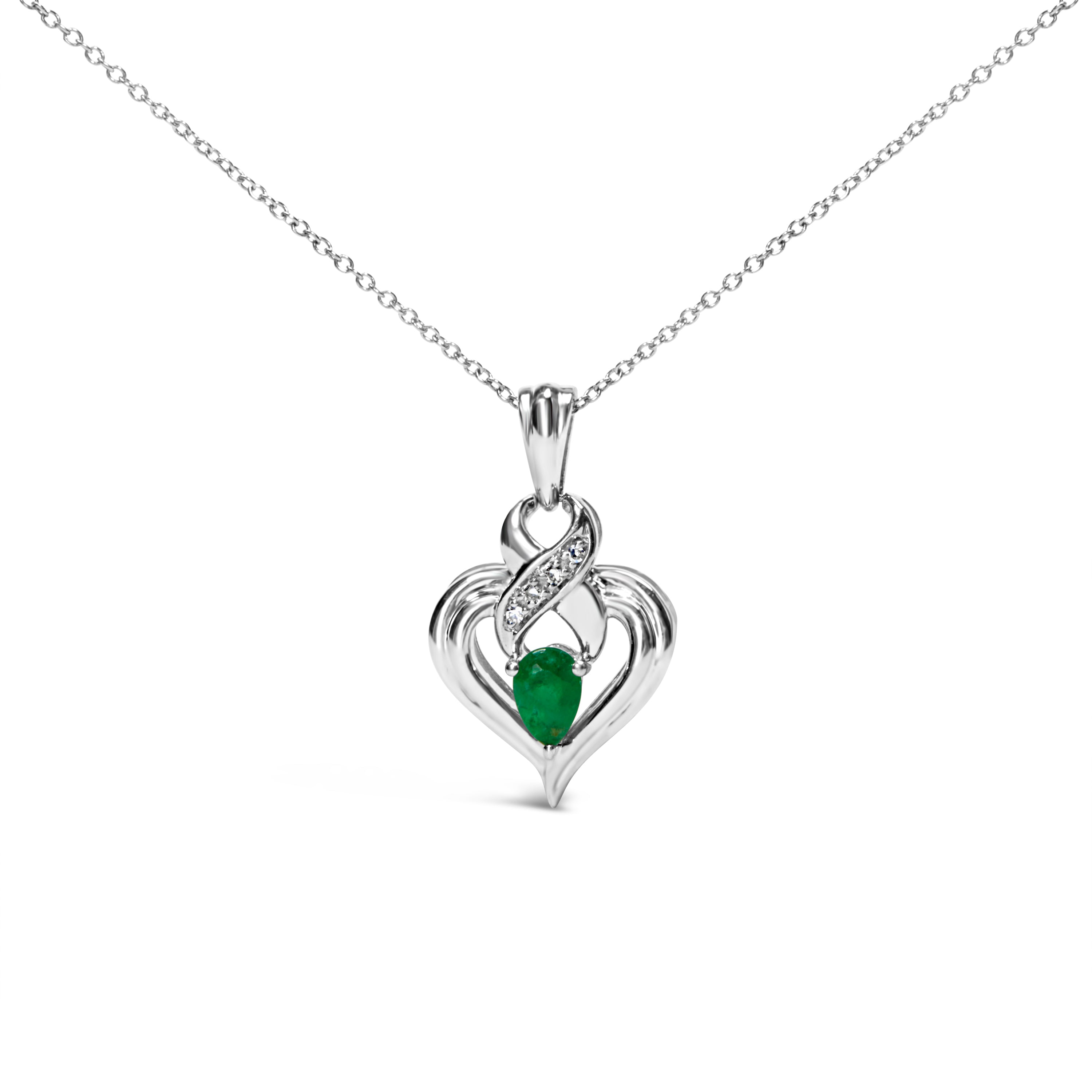 .925 Sterling Silver 6x4mm Pear Emerald and Diamond Accent Heart Pendant Necklace (H-I Color, SI1-SI2 Clarity) - 18 Inches DestGlow