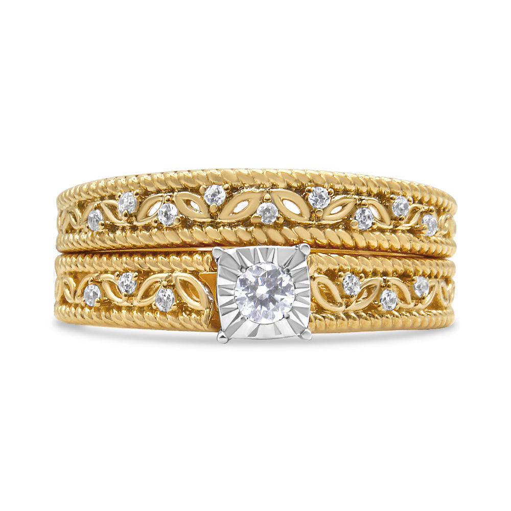 14K Yellow Gold Plated .925 Sterling Silver 1/5 Cttw Diamond Art Deco Style Engagement Ring Bridal Set (I-J Color, I3 Clarity) - Ring Size 7 DestGlow