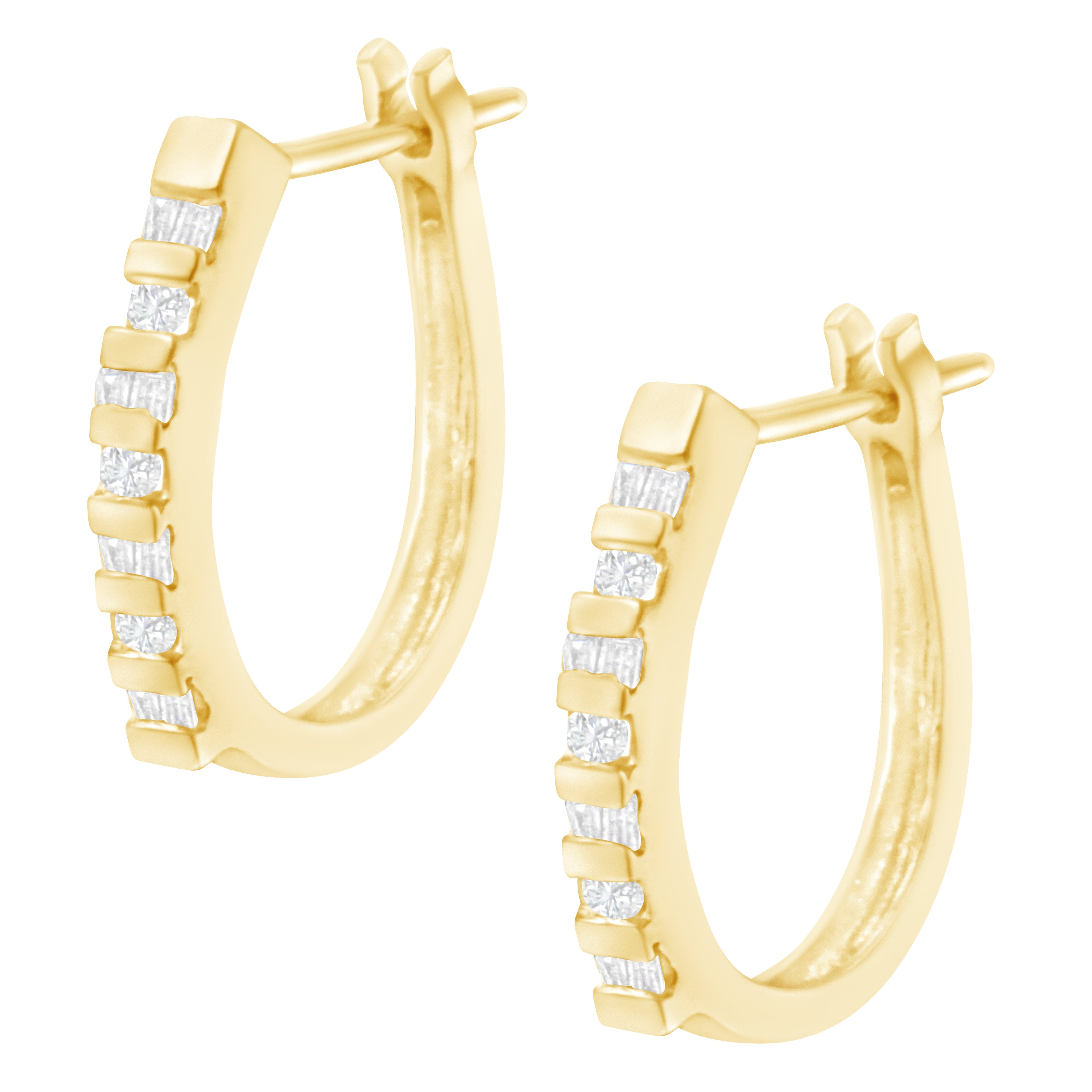 10K Yellow Gold Round and Baguette Cut Diamond Oblong Hinged Leverback Hoop Earrings (¼ Cttw, I-J Color, I2-I3 Clarity) by Bids.com