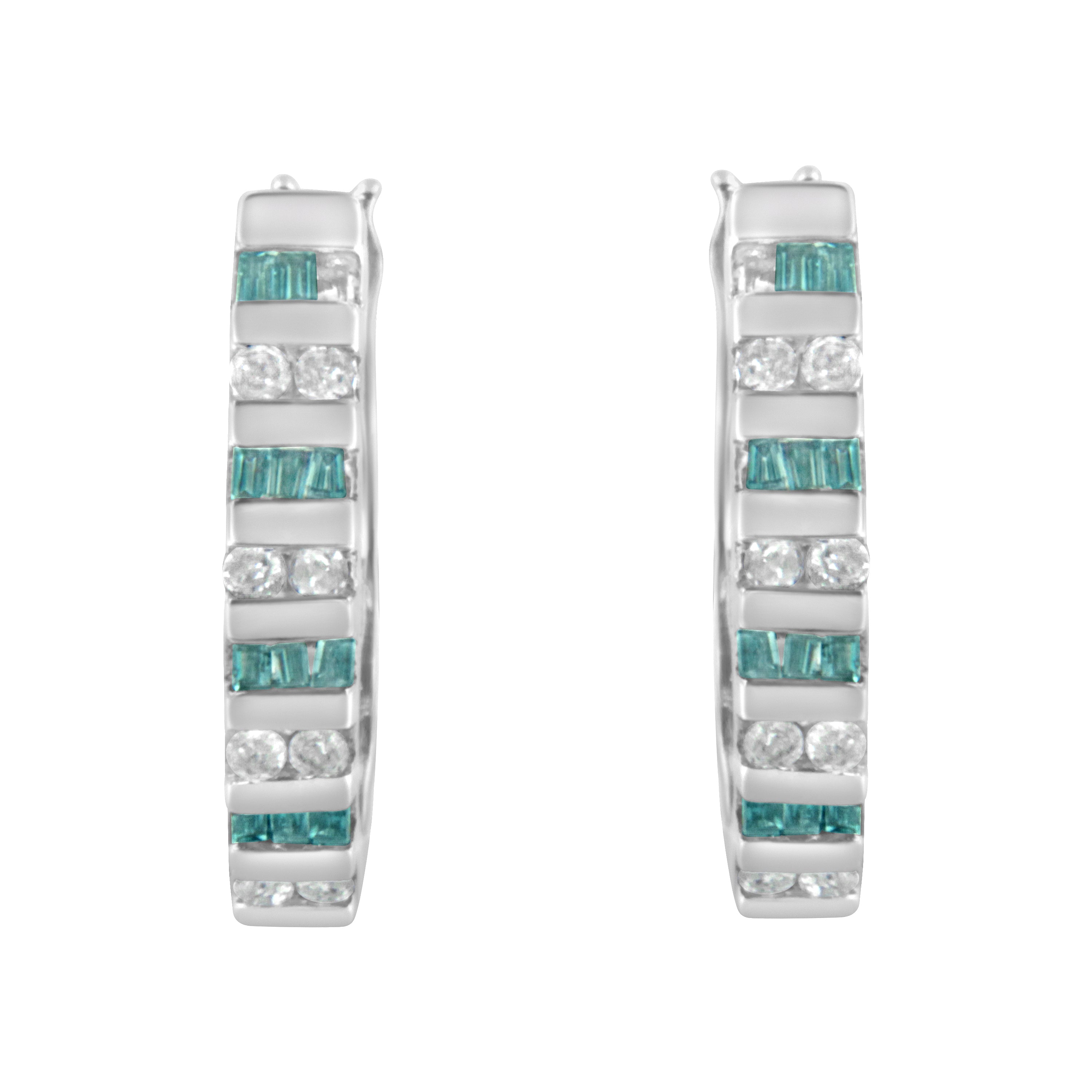 10k White Gold Round and Blue Baguette 1/2 cttw Diamond Hoop Earrings (I-J Color, I2-I3 Clarity) by Bids.com