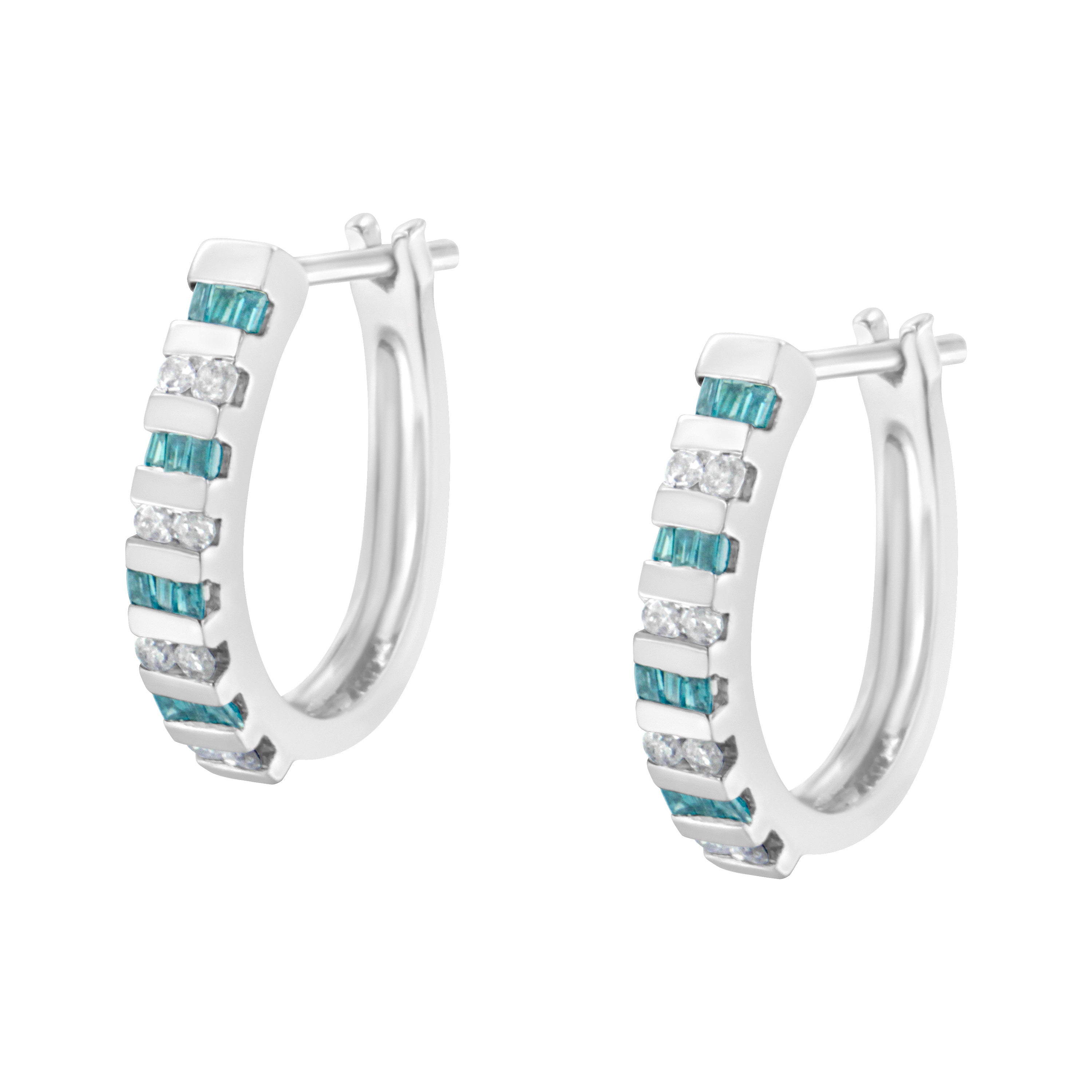 10k White Gold Round and Blue Baguette 1/2 cttw Diamond Hoop Earrings (I-J Color, I2-I3 Clarity) by Bids.com