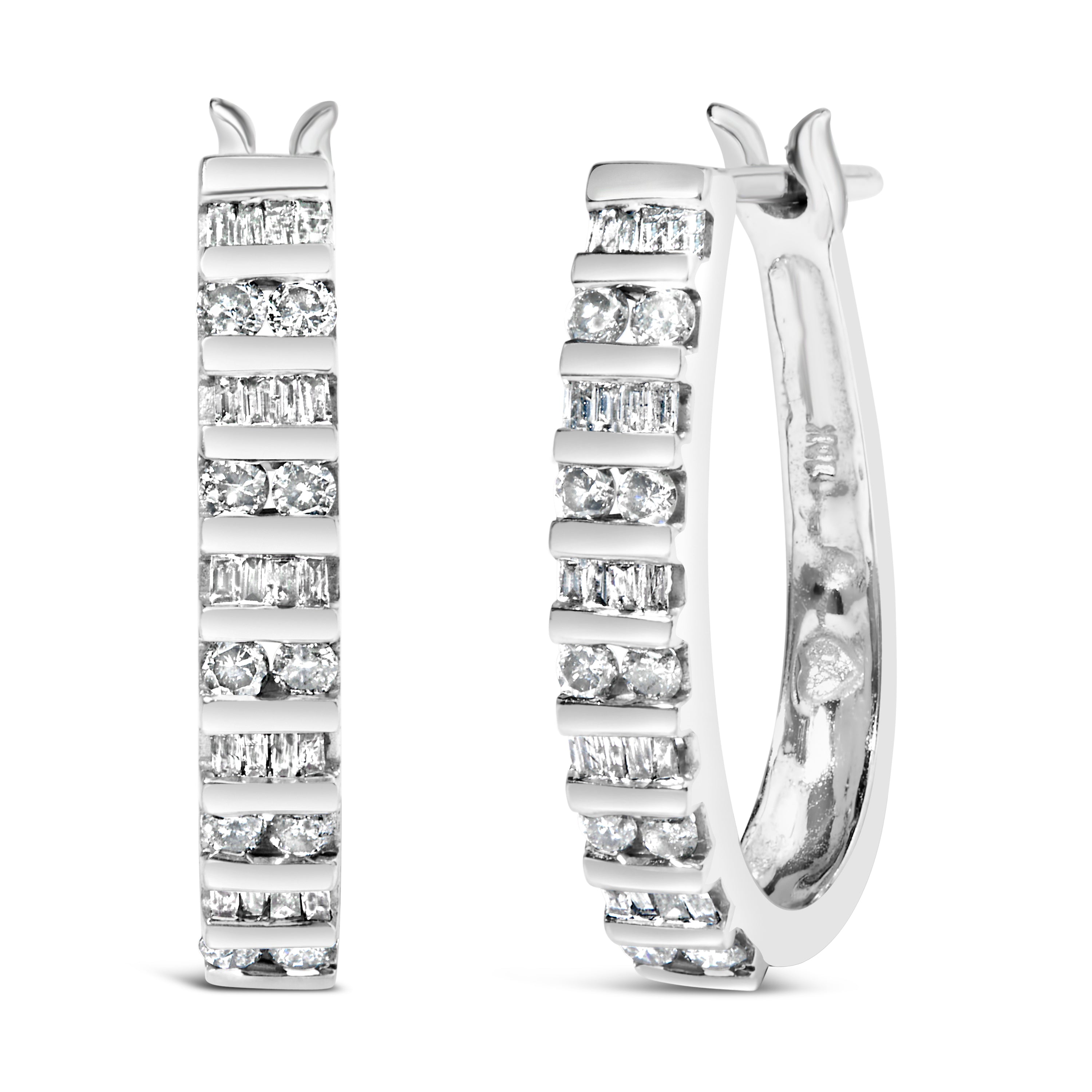 10K White Gold 1.0 Cttw Alternating Diamond "U" Hoop Earrings (I-J Color, I2-I3 Clarity) by Bids.com