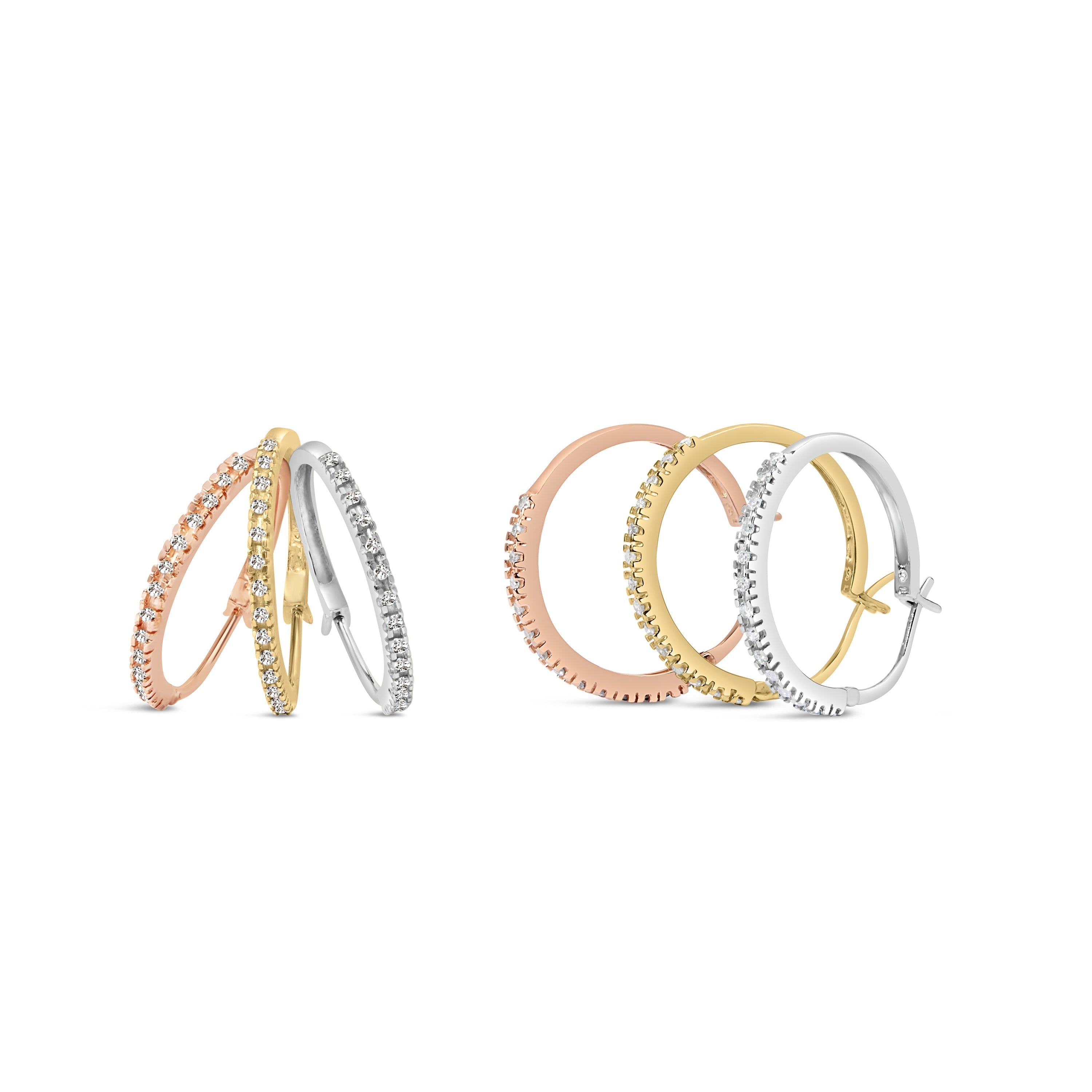 14K Tri-Toned Gold 1/3 Cttw Diamond Triple Hoop Earrings (I-J Color, I2-I3 Clarity) - 22 MM DestGlow