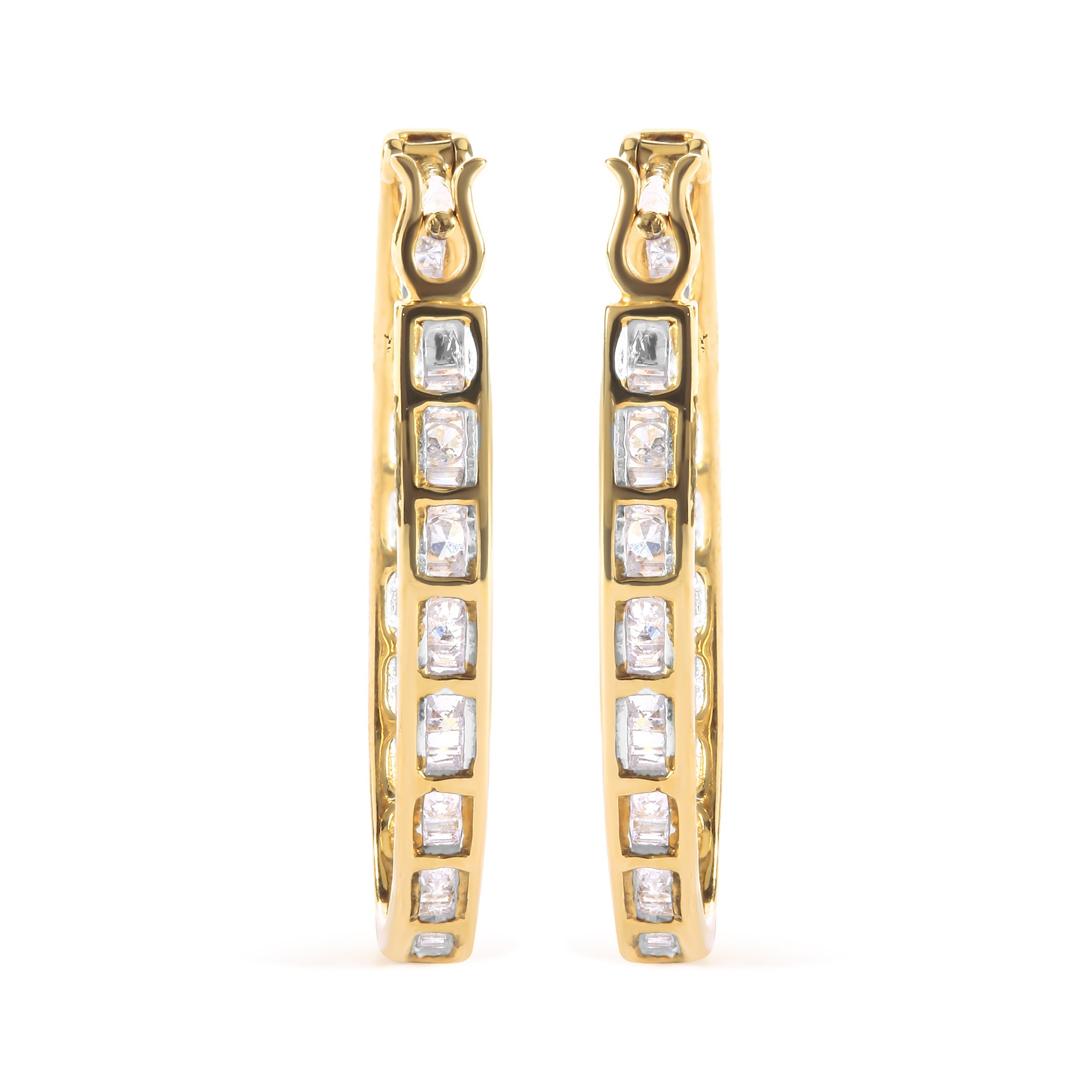 10K Yellow Gold 1.00 Cttw Round and Baguette-Cut Diamond U-Hoop Earrings (H-I Color, SI2-I1 Clarity)