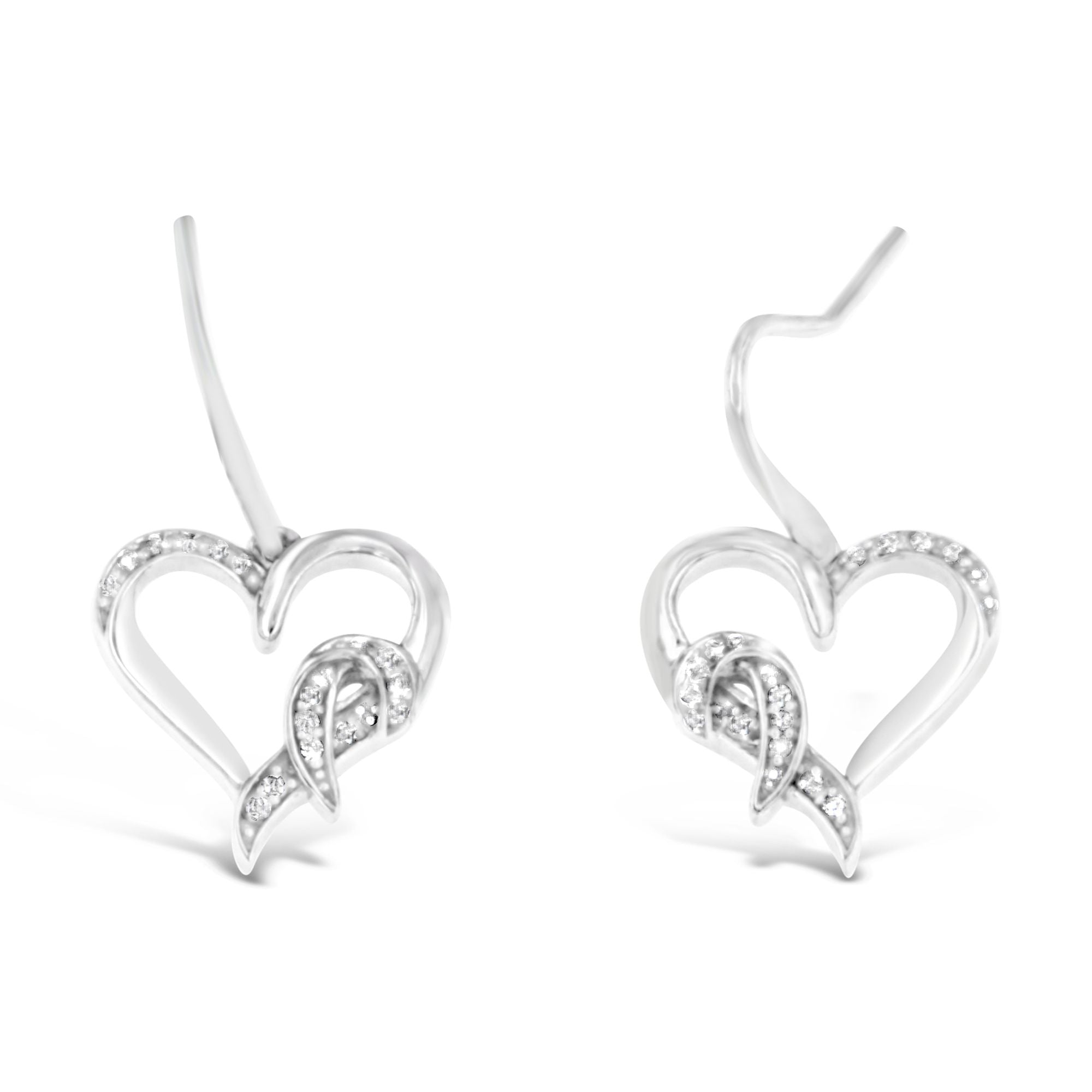 Sterling Silver Round Cut Diamond Heart Dangle Earrings (0.09 cttw, H-I Color, I1-I2 Clarity) by Bids.com