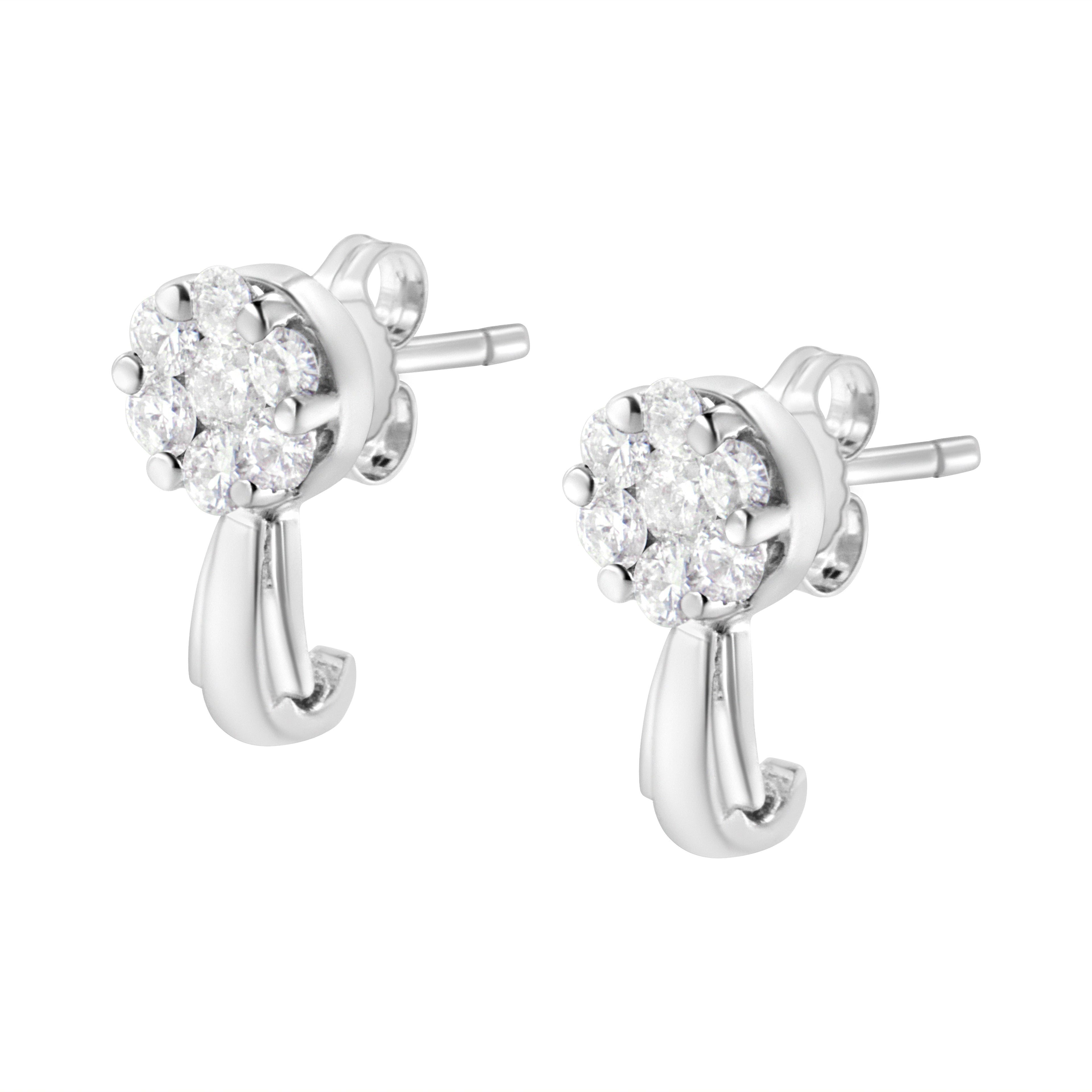 14K White Gold 3/4 Cttw Diamond Floral Cluster Drop and Dangle Stud Earrings (H-I Color, I1-I2 Clarity) by Bids.com