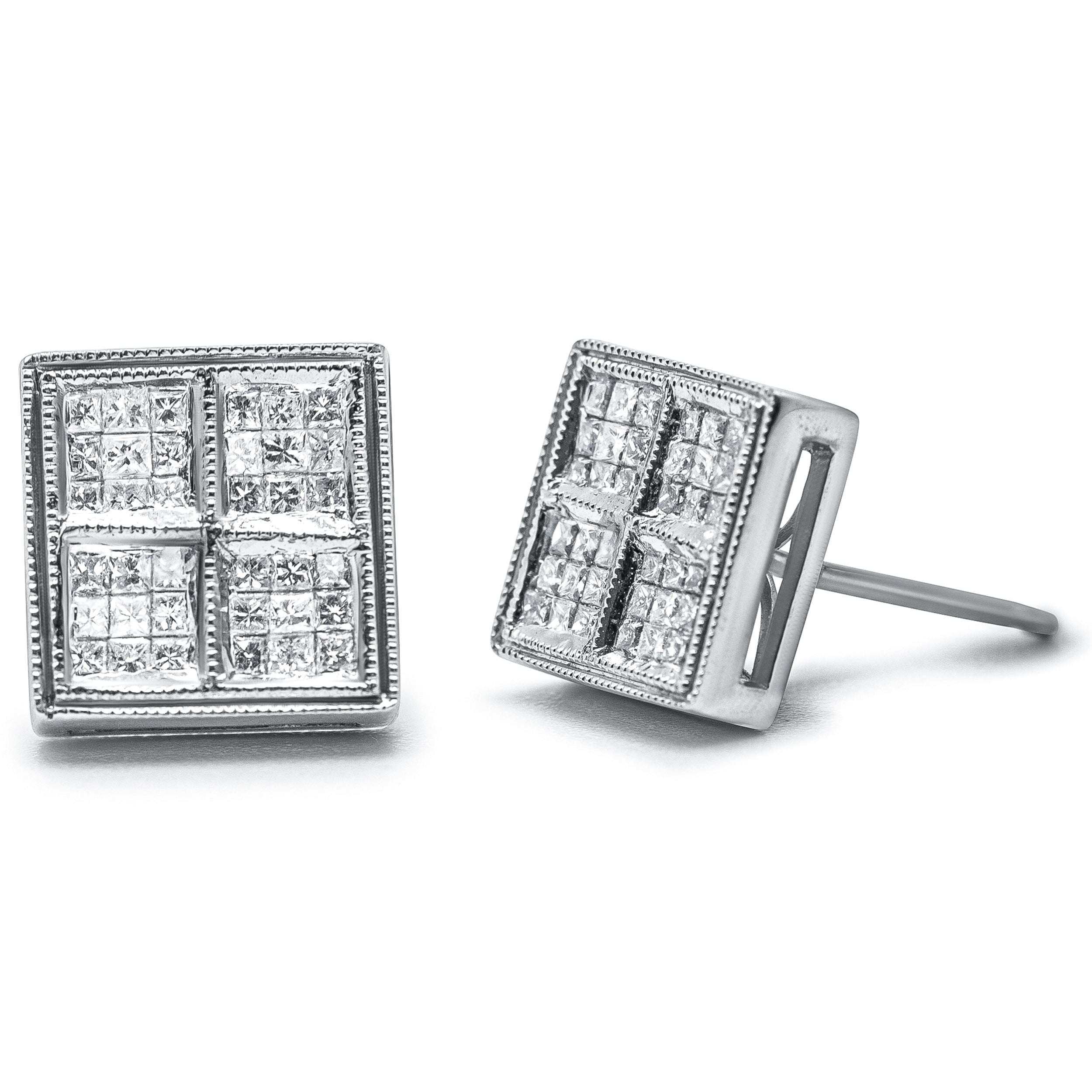 14K White Gold 1/2 Cttw Princess Diamond Composite Box Shape Milgrain Stud Earrings (H-I Color, SI1-SI2 Clarity) by Bids.com