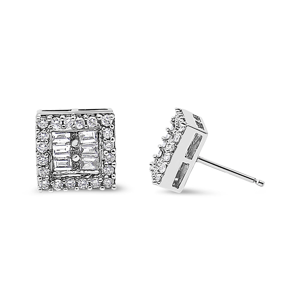 14K White Gold 1 cttw Round and Baguette Diamond Stud Earrings (H-I, SI1-SI2) by Bids.com