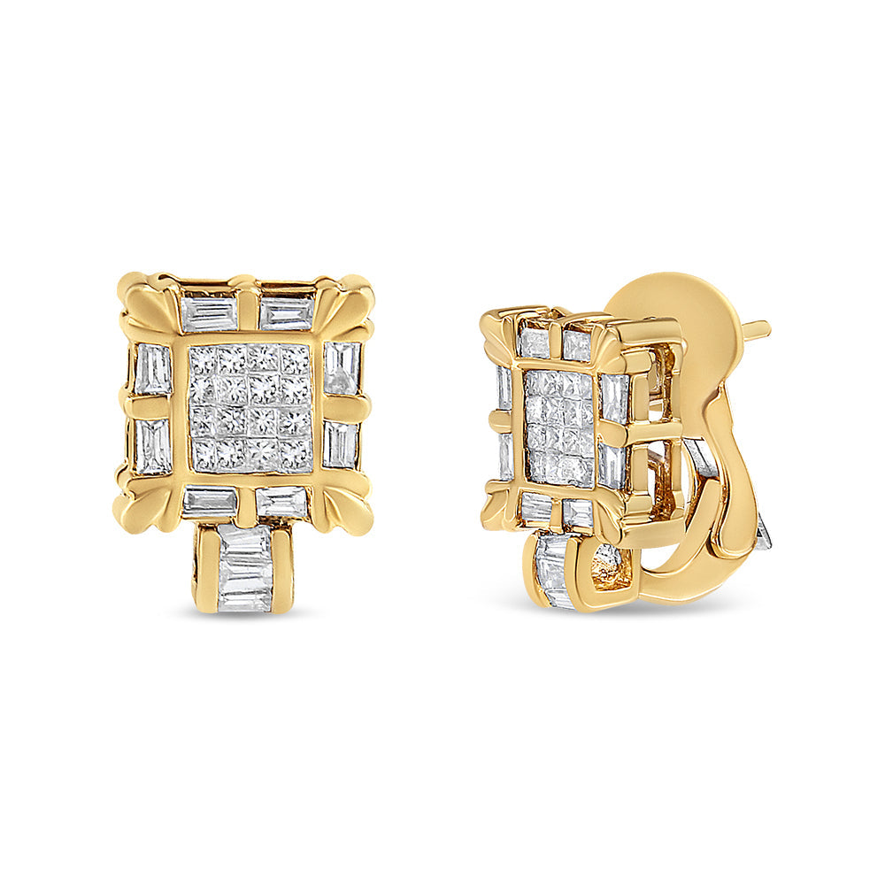 14K Yellow Gold 7/8 Cttw Princess and Baguette-Cut Diamond Square Framed Huggie Hoop Omega Earrings (H-I Color, SI1-SI2 Clarity) by Bids.com