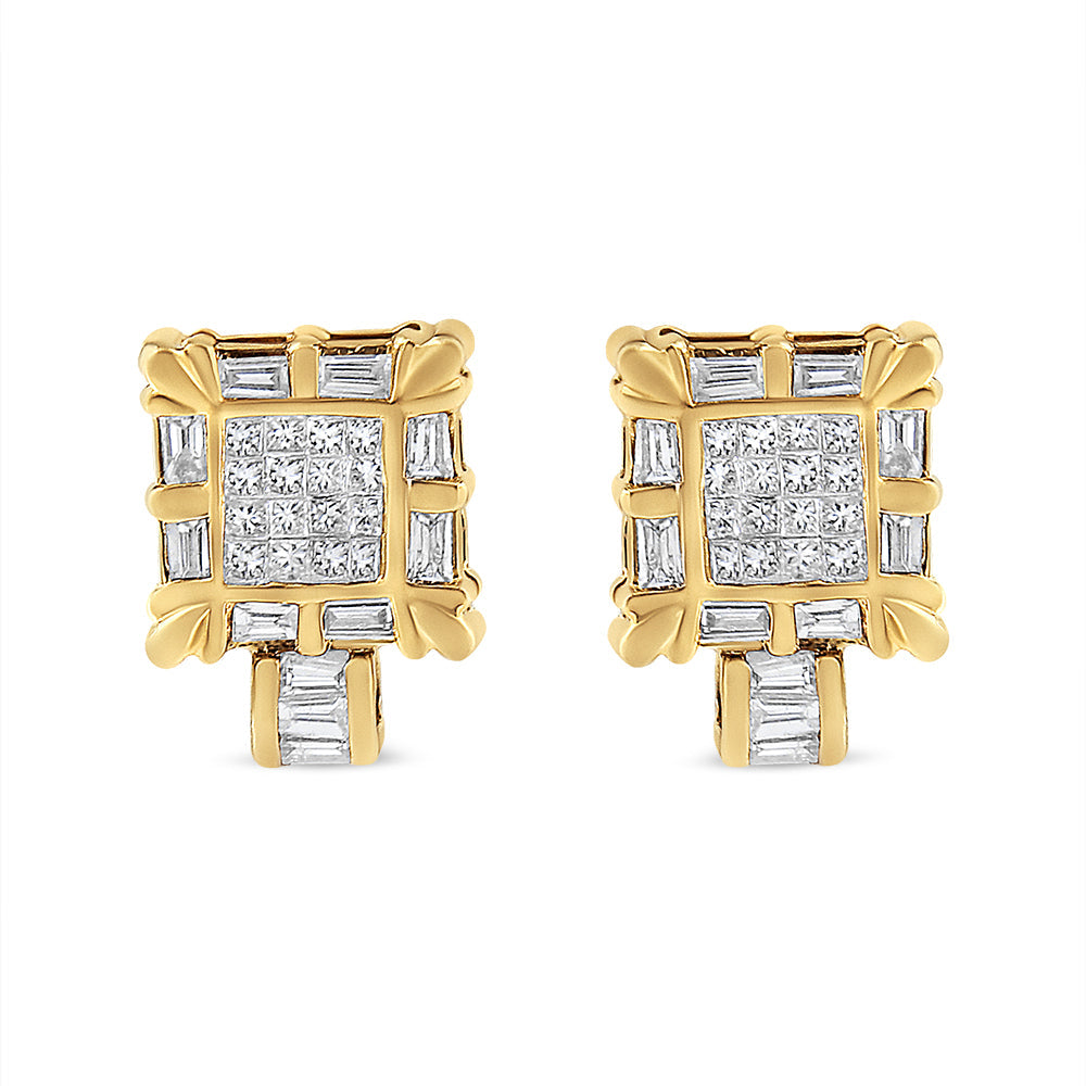 14K Yellow Gold 7/8 Cttw Princess and Baguette-Cut Diamond Square Framed Huggie Hoop Omega Earrings (H-I Color, SI1-SI2 Clarity) by Bids.com