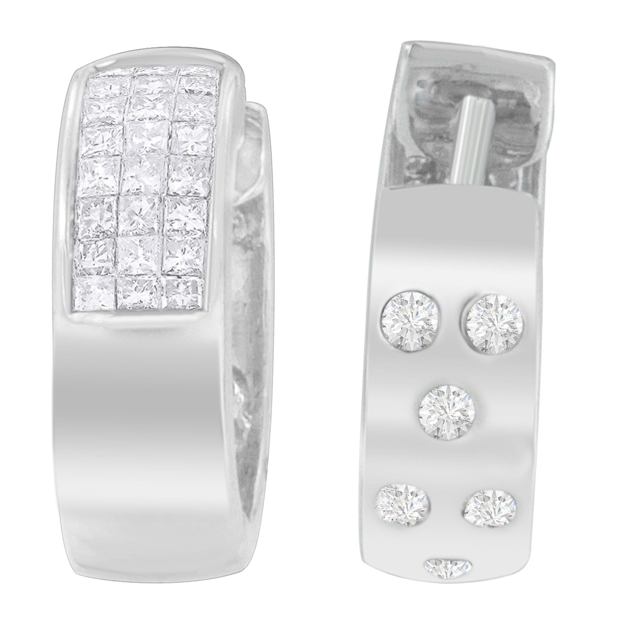 14K White Gold 1 1/8 cttw Princess and Round Cut Diamond Huggie Earrings (H-I, VS1-VS2) by Bids.com