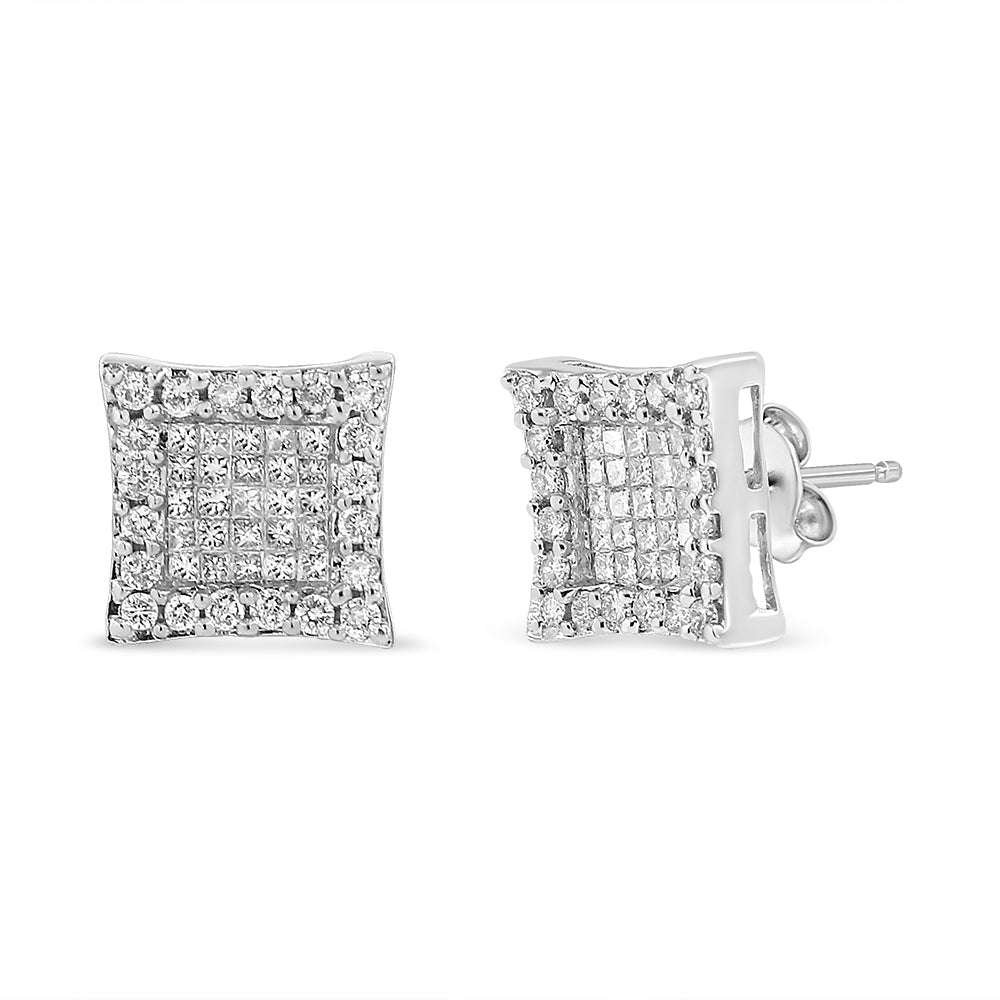 18K White Gold 1.00 Cttw Round and Princess-Cut Diamond Halo Square Stud Earring (G-H Color, SI1-SI2 Clarity) by Bids.com