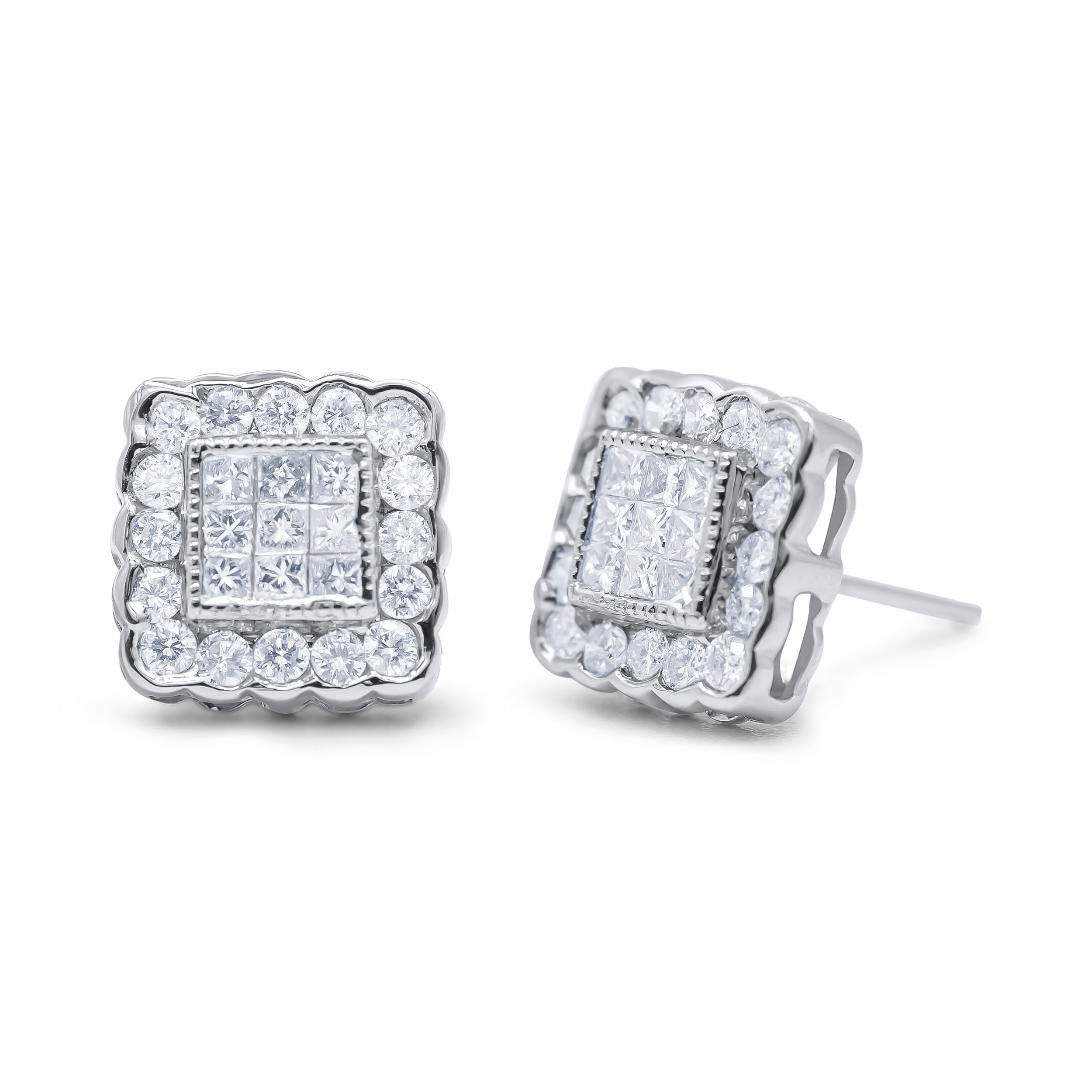 14K White Gold 1.0 Cttw Round Brilliant & Princess Cut Diamond Scallop-Edge Framed Square Halo Stud Earrings (G-H Color, SI1-SI2 Clarity) by Bids.com