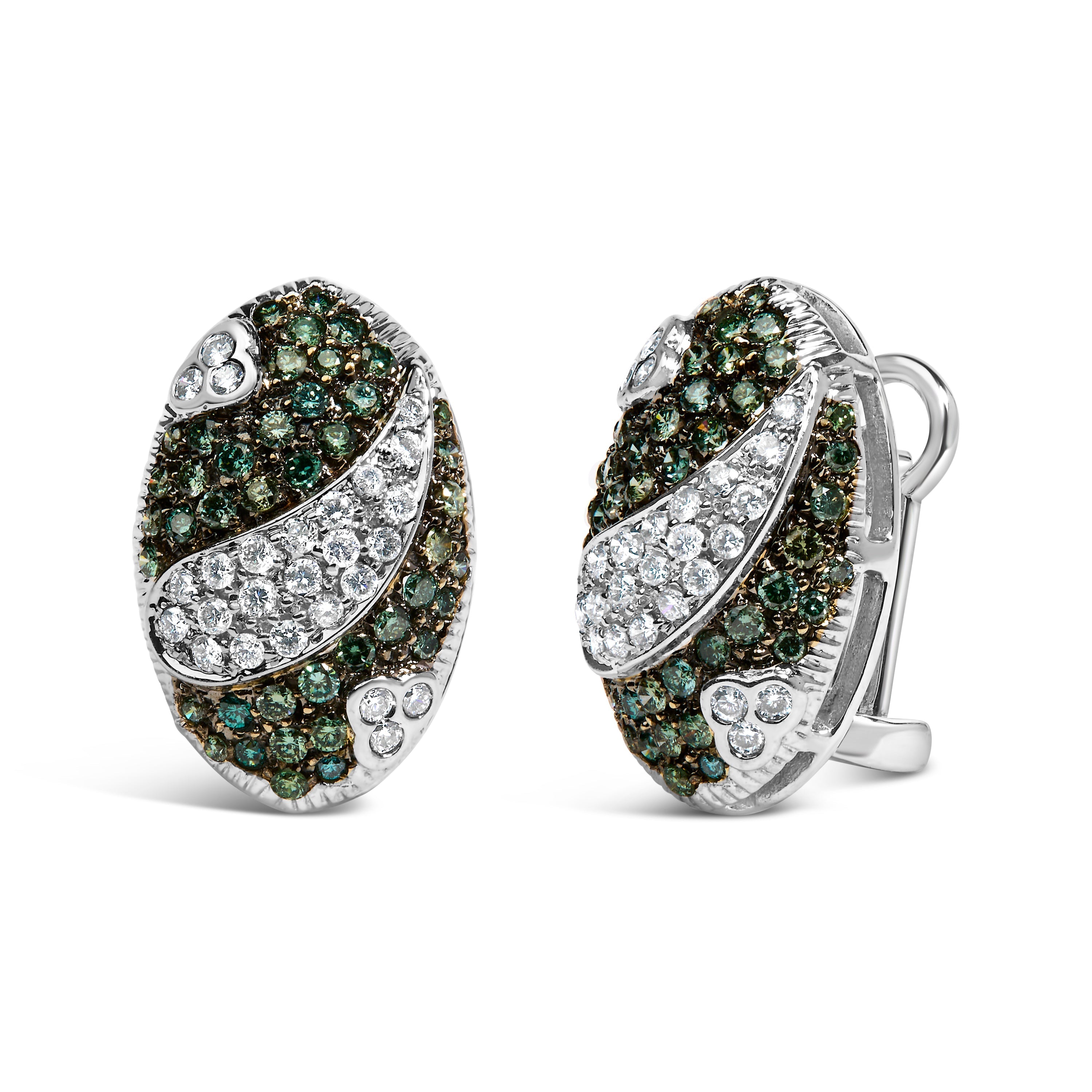 14K White Gold 2.00 Cttw White and Treated Blue Diamond Oval Shield Omega Back Earrings (H-I Color, SI1-SI2 Clarity)