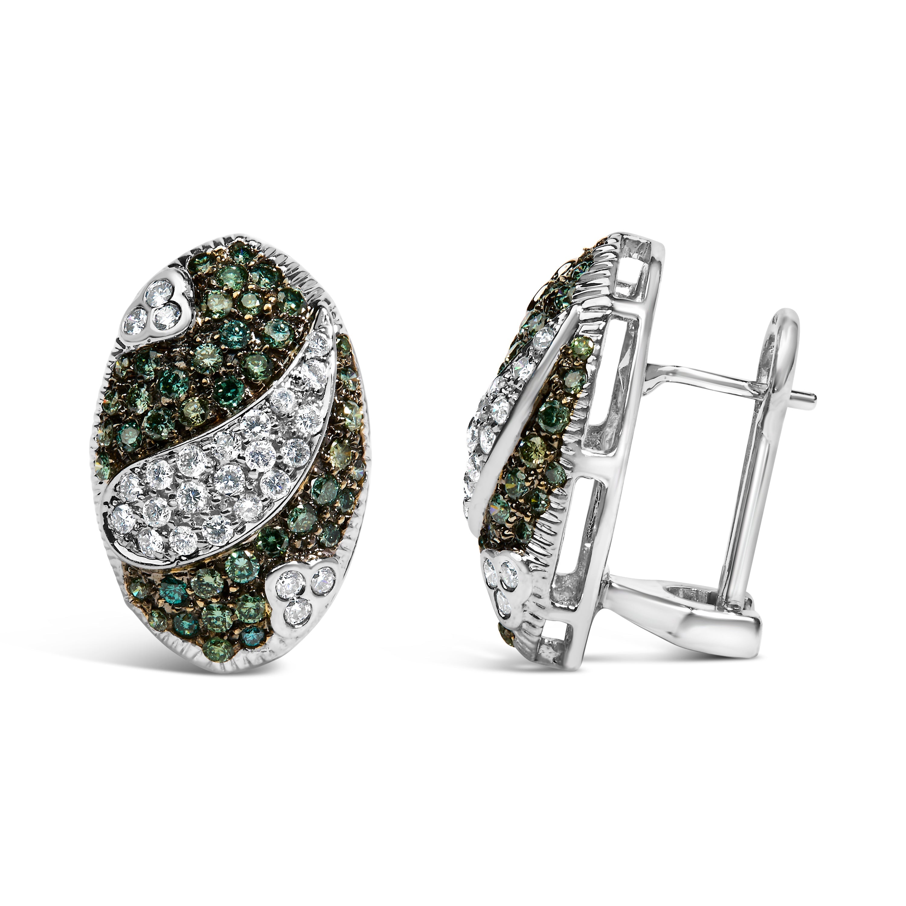 14K White Gold 2.00 Cttw White and Treated Blue Diamond Oval Shield Omega Back Earrings (H-I Color, SI1-SI2 Clarity)