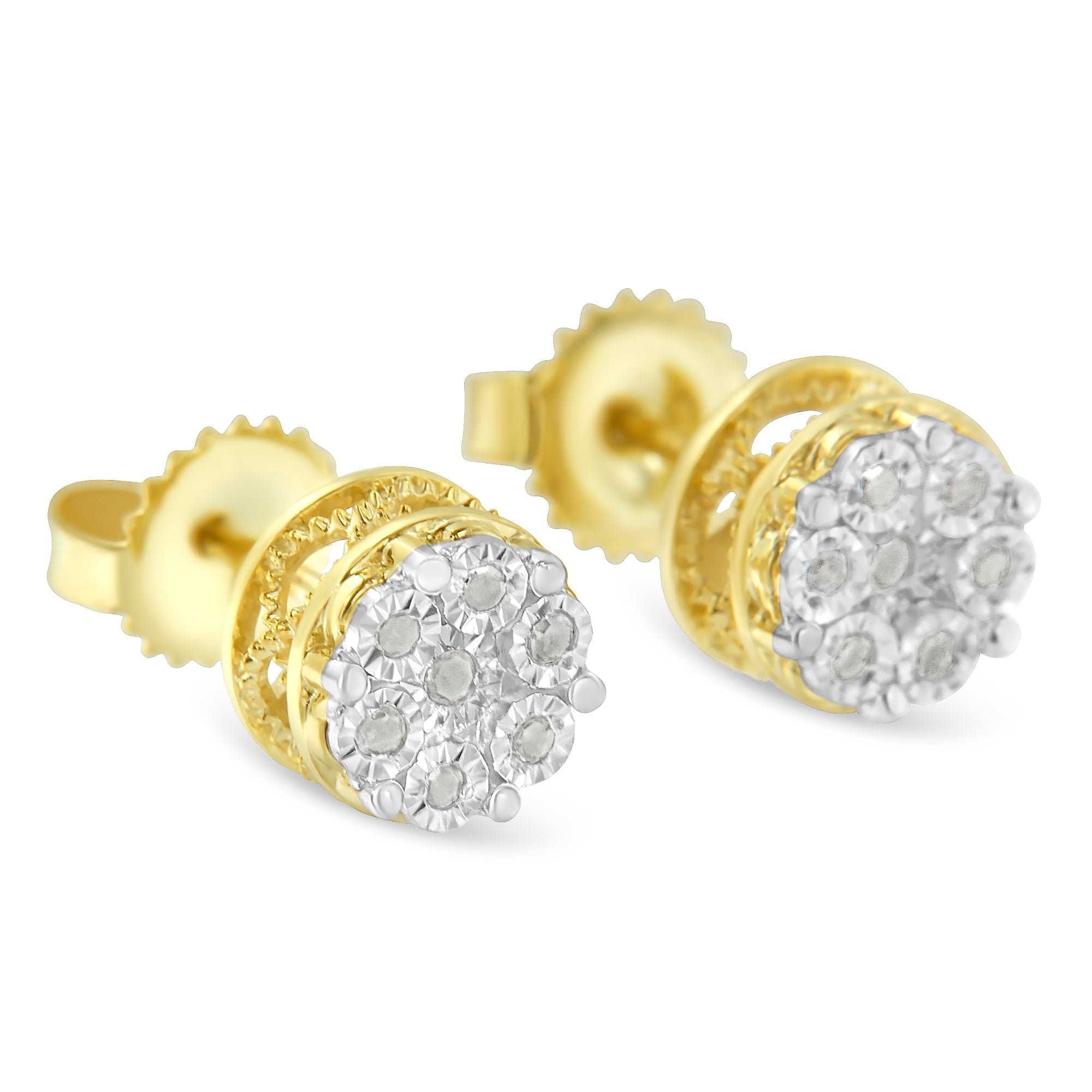 10K Yellow Gold over .925 Sterling Silver 1/7 Cttw Rose-Cut Miracle-Set Diamond Floral Cluster Button Stud Earrings (I-J Color, I3 Clarity) DestGlow