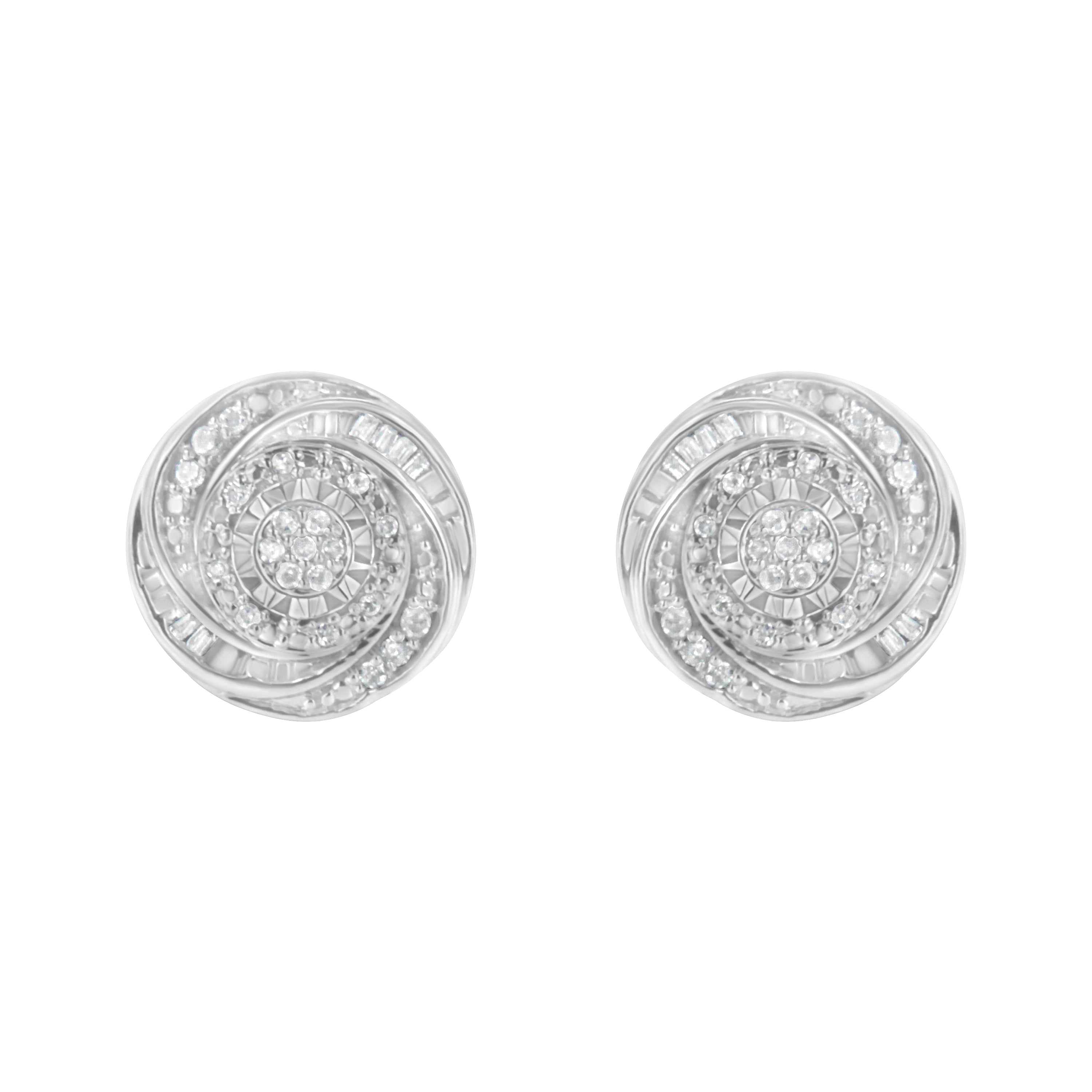 .925 Sterling Silver 1/4 Cttw Baguette and Round Diamond Swirl Love Knot Stud Earrings (I-J Color, I3 Clarity) DestGlow