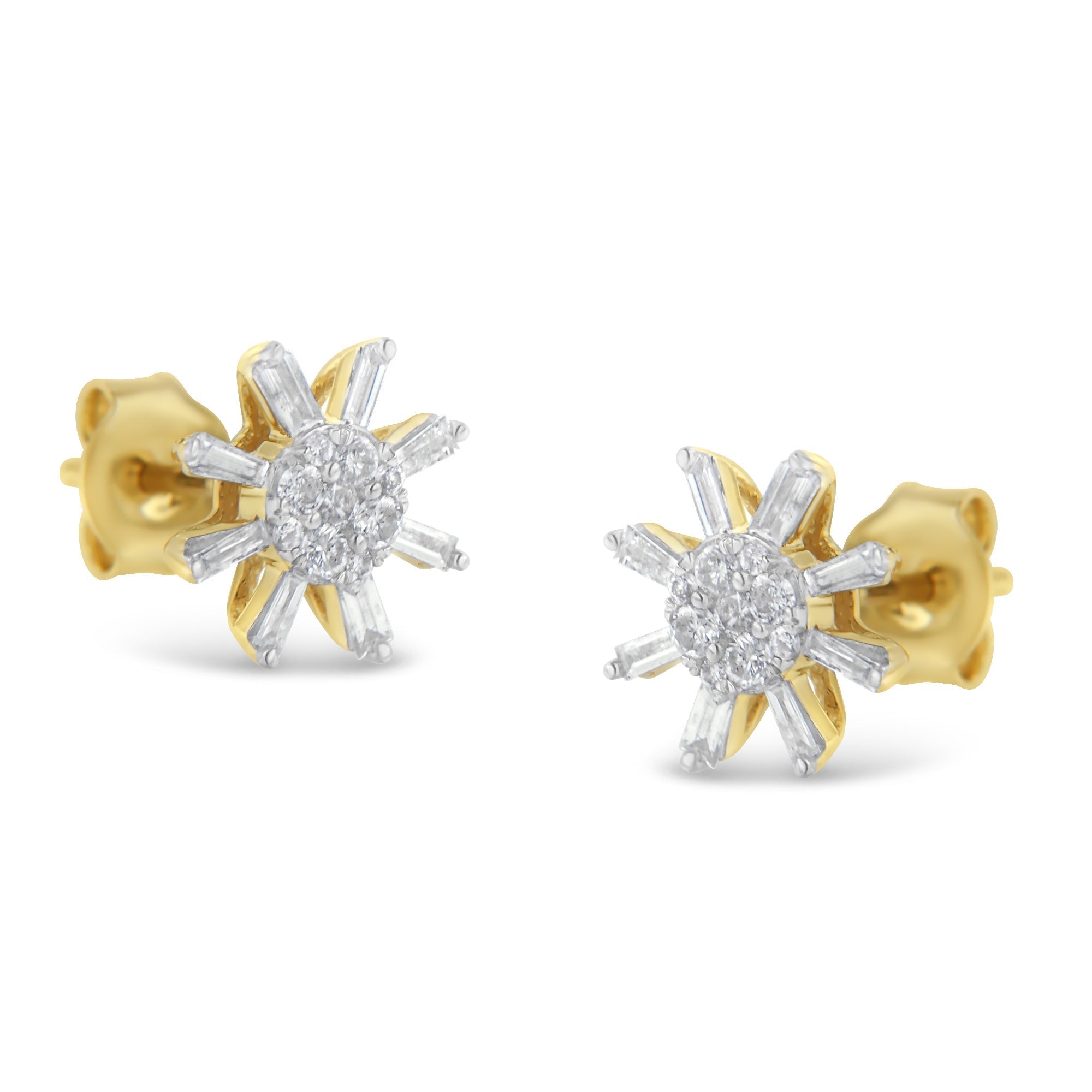 10k Yellow Gold Round and Baguette Diamond Stud Earring (0.50 cttw, H-I Color, I2-I3 Clarity) DestGlow