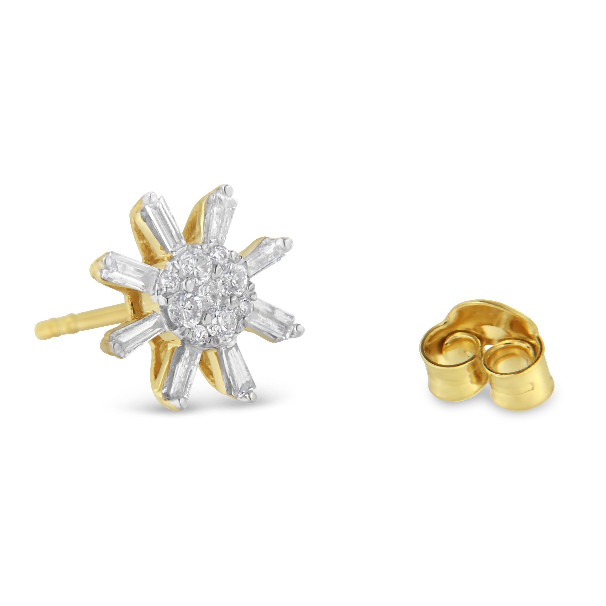 10k Yellow Gold Round and Baguette Diamond Stud Earring (0.50 cttw, H-I Color, I2-I3 Clarity) DestGlow