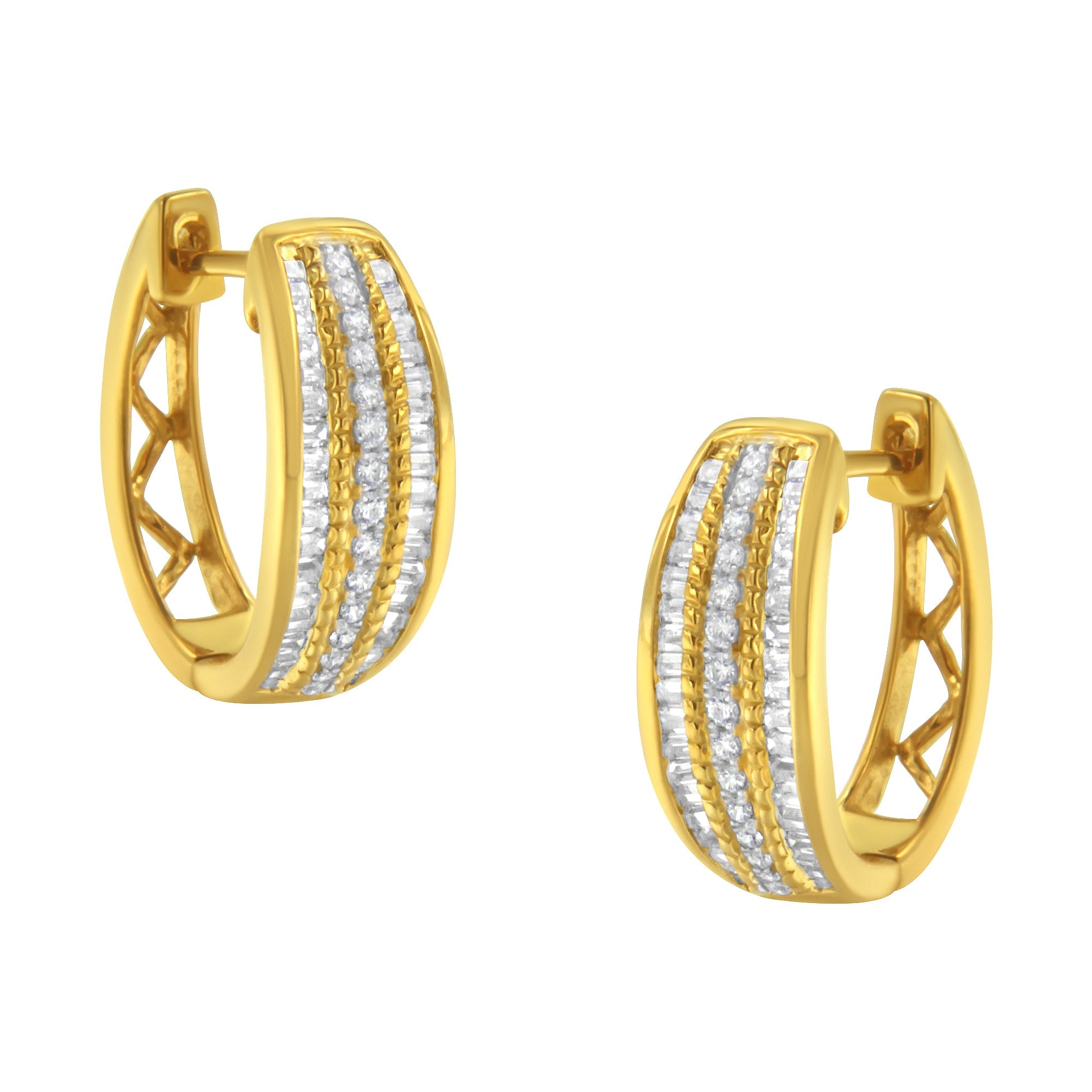 10K Yellow Gold 3/4 Cttw Pave and Channel Set Diamond Triple Row Modern Hoop Earrings (I-J Color, I2-I3 Clarity) by Bids.com