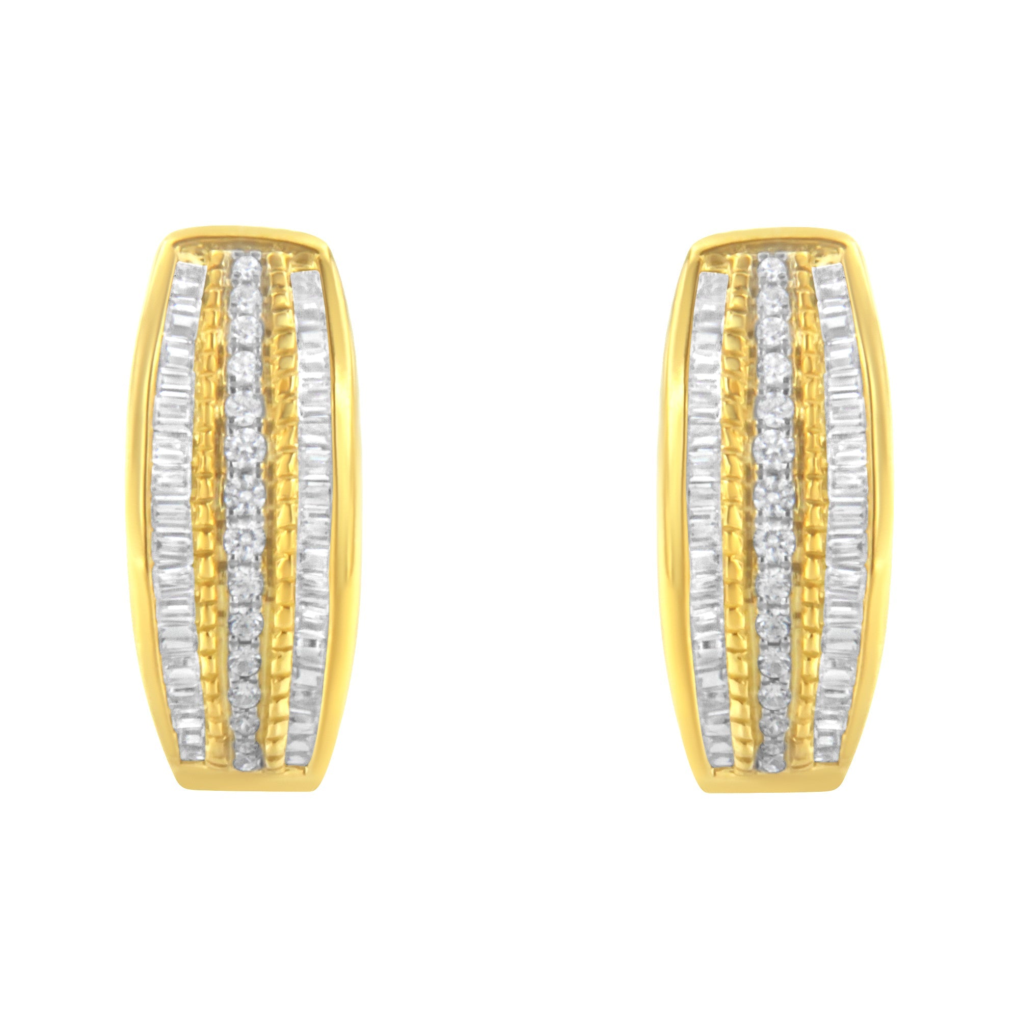10K Yellow Gold 3/4 Cttw Pave and Channel Set Diamond Triple Row Modern Hoop Earrings (I-J Color, I2-I3 Clarity) by Bids.com