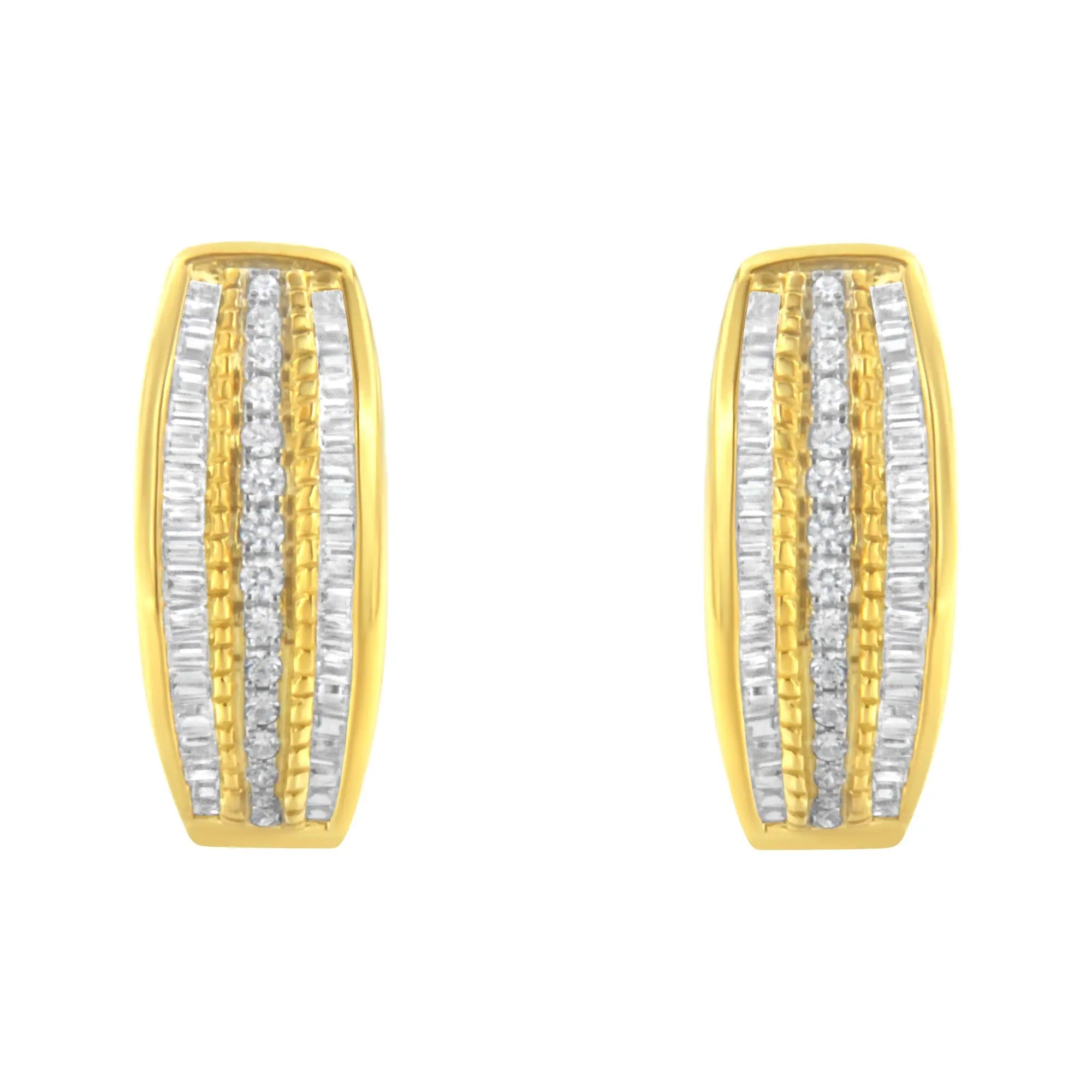 10K Yellow Gold 3/4 Cttw Pave and Channel Set Diamond Triple Row Modern Hoop Earrings (I-J Color, I2-I3 Clarity)