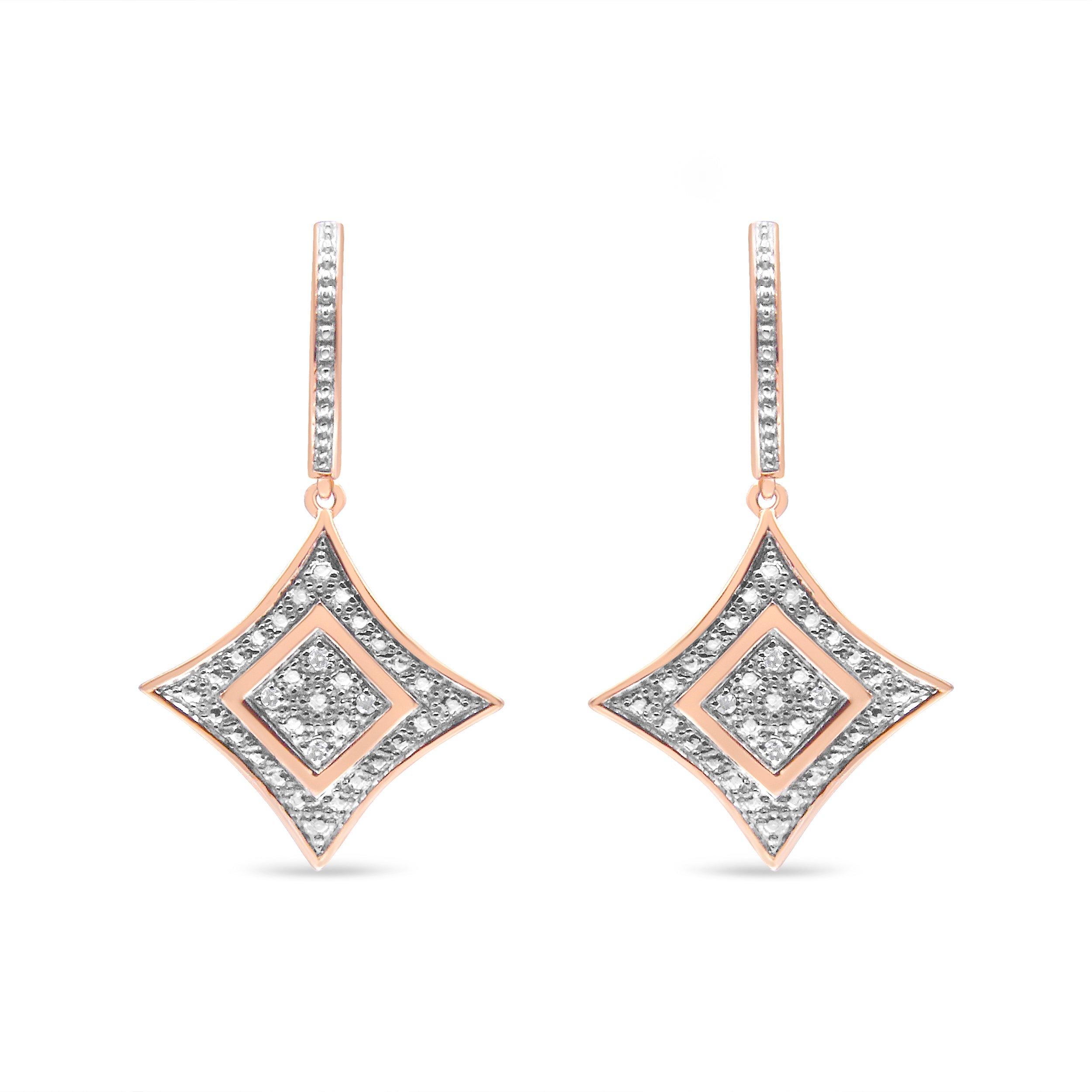 10K Rose Gold Plated Sterling Silver Round Cut Diamond Cushion Dangle Earrings (0.04 cttw, H-I Color, I2-I3 Clarity) by Bids.com