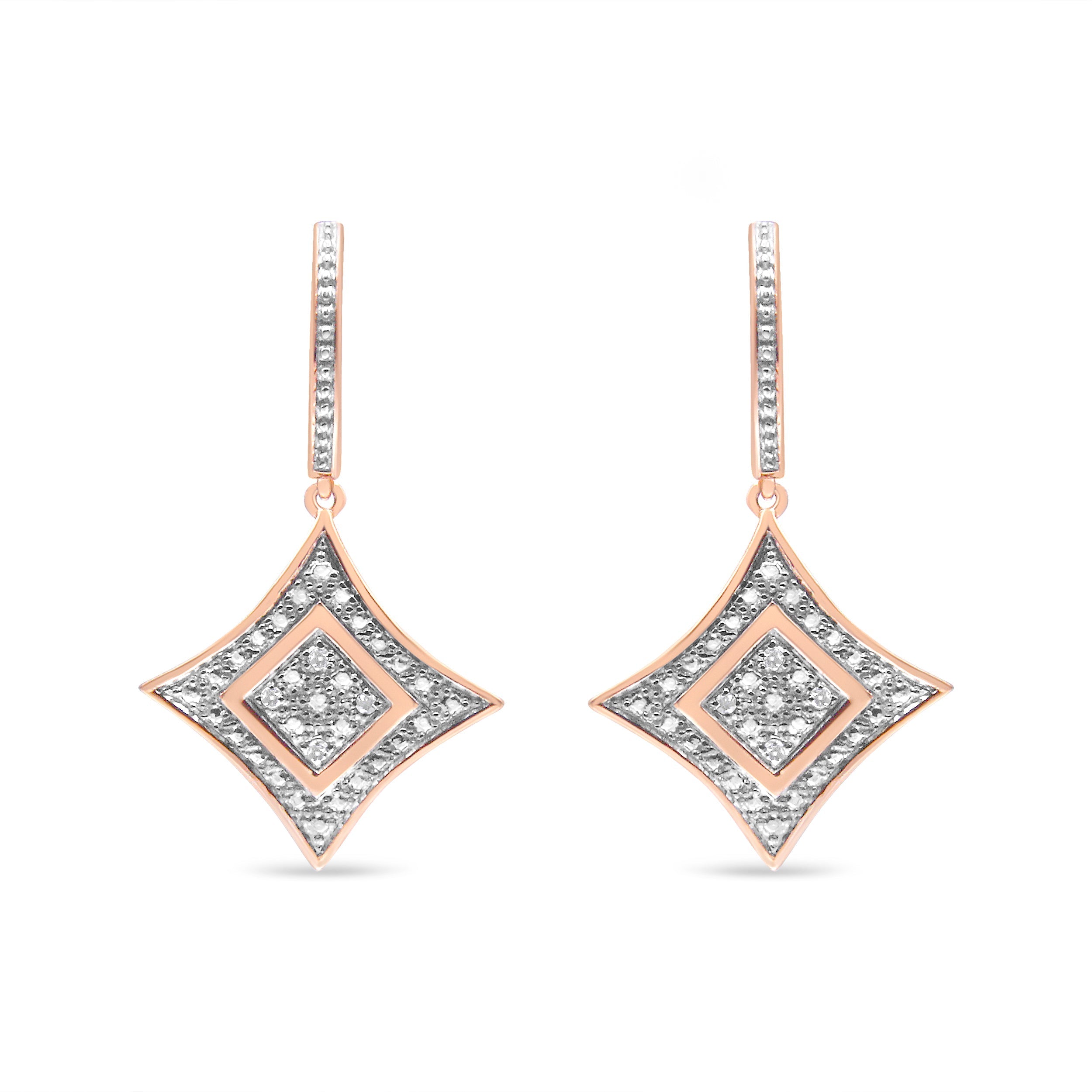 14K Rose Gold Plated .925 Sterling Silver Round-Cut Diamond Accent Dangle Rhombus Earrings (H-I Color, I2-I3 Clarity) DestGlow