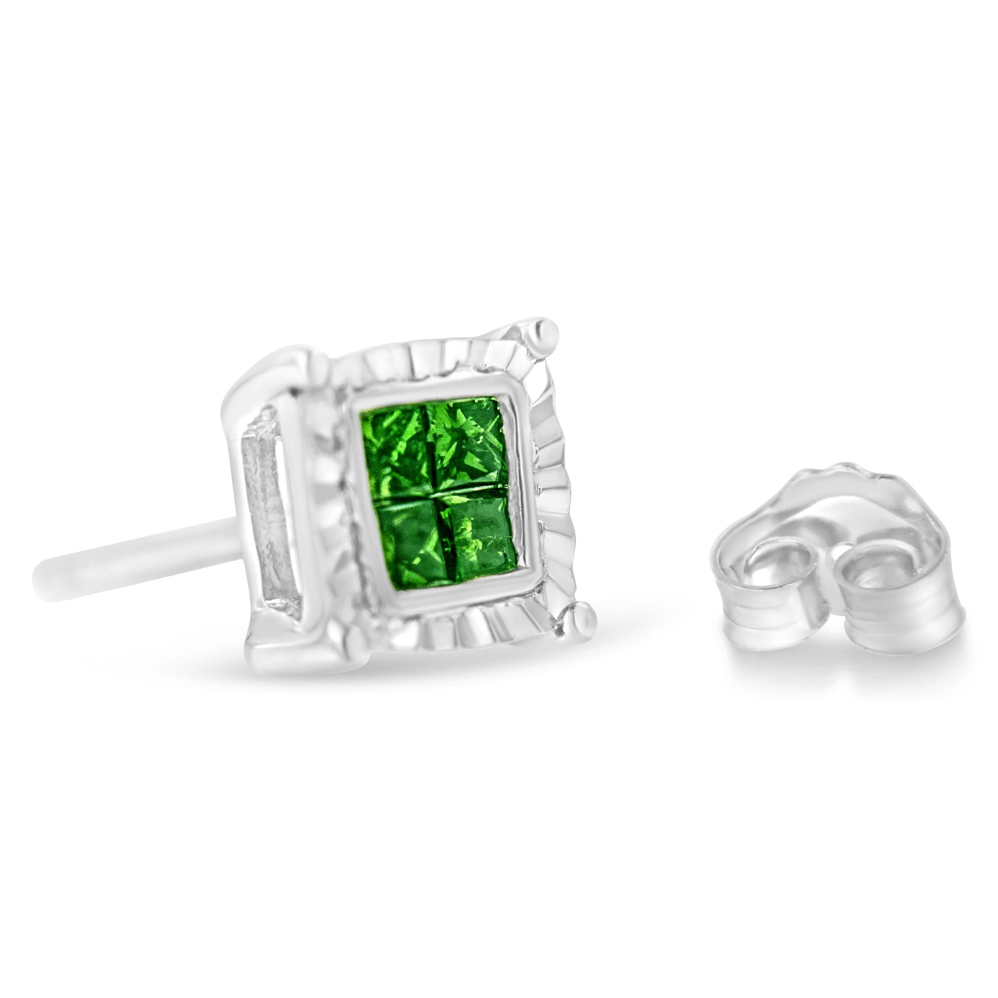 Sterling Silver Color Treated Princess Diamond Quad Stud Earring (1/2 cttw, Green Color, I1-I2 Clarity) by Bids.com