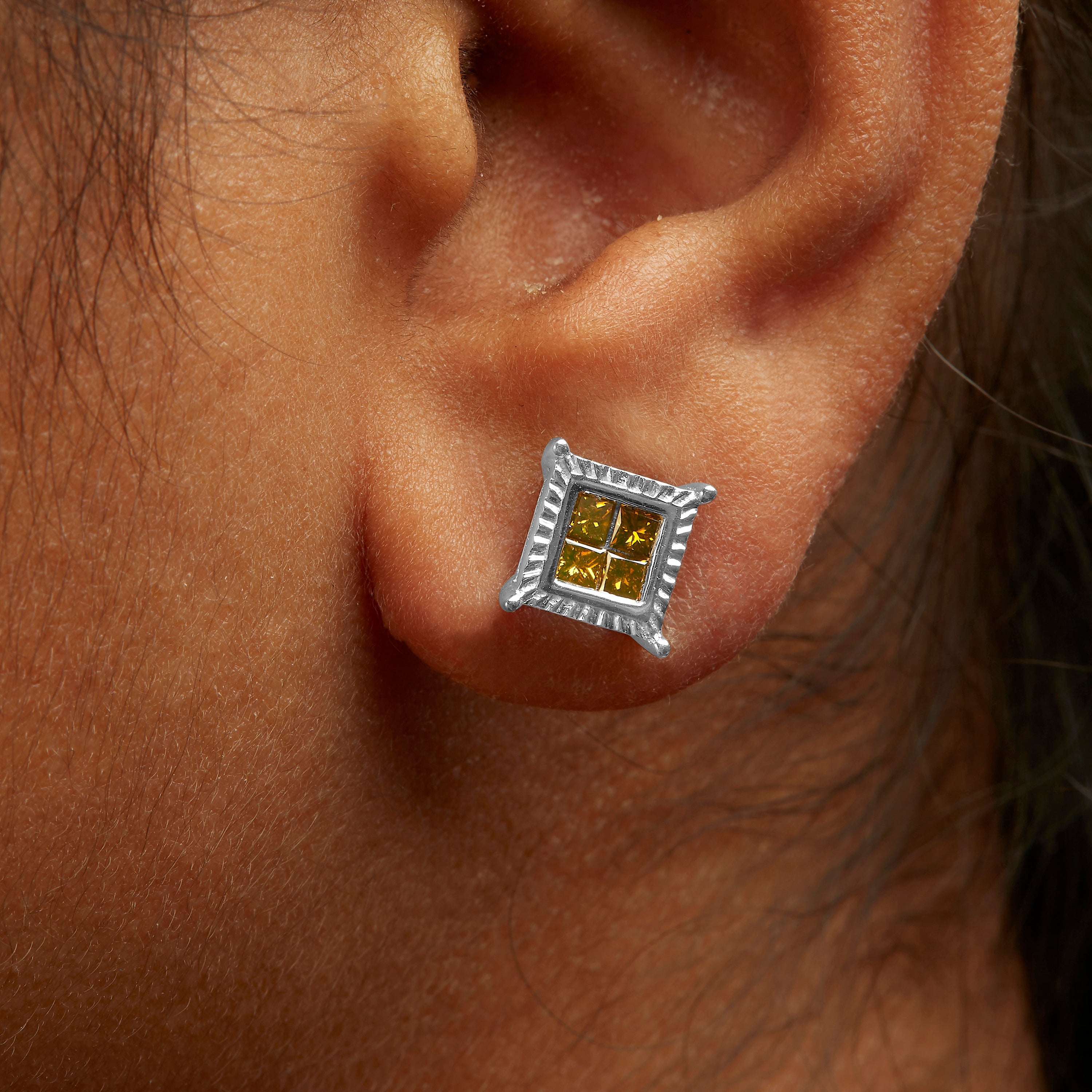 .925 Sterling Silver 1/2 Cttw Yellow Princess Diamond Quad Stud Earring by Bids.com