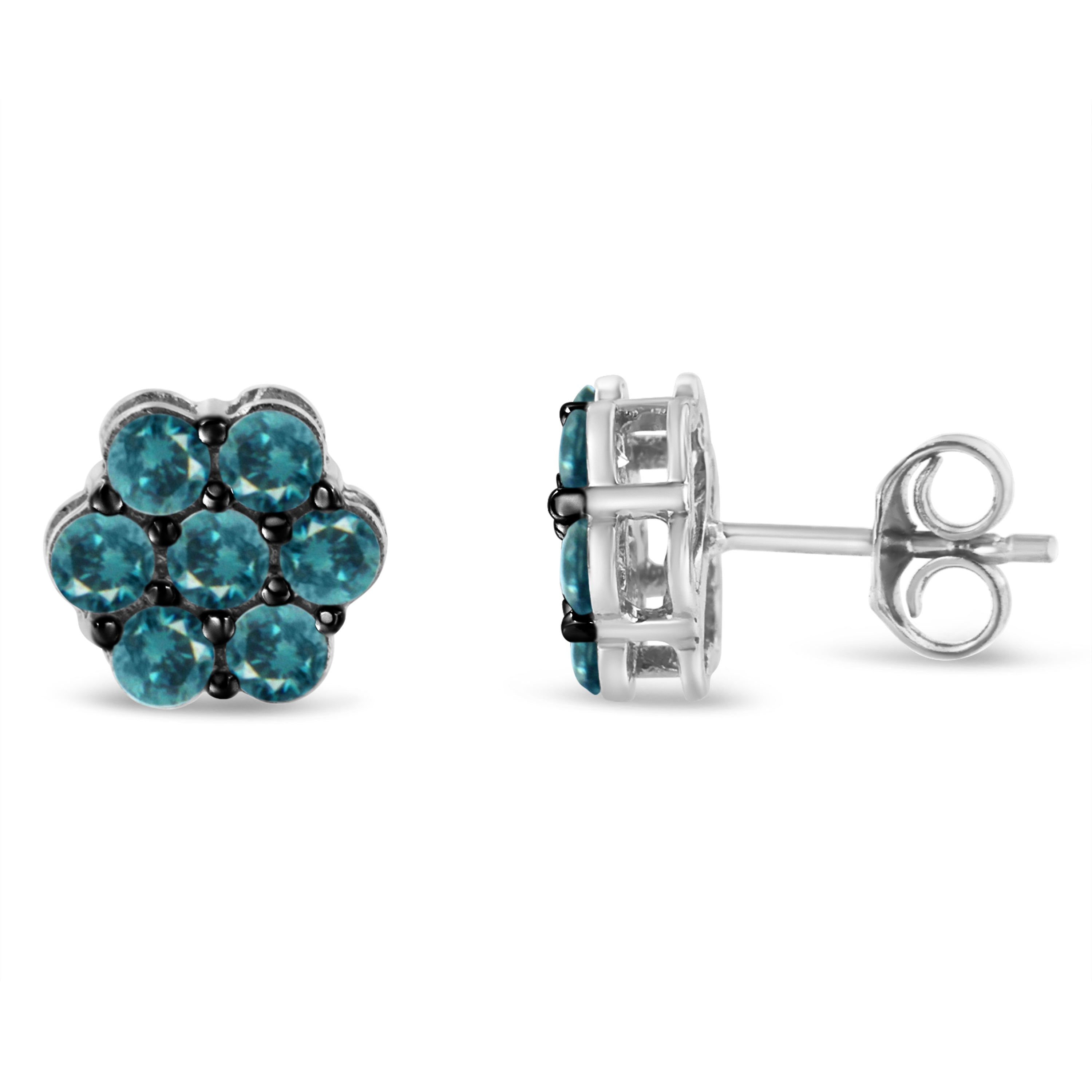 Sterling Silver Treated Blue Diamond Floral Stud Earrings (1 cttw, Blue Color, I2-I3 Clarity) by Bids.com