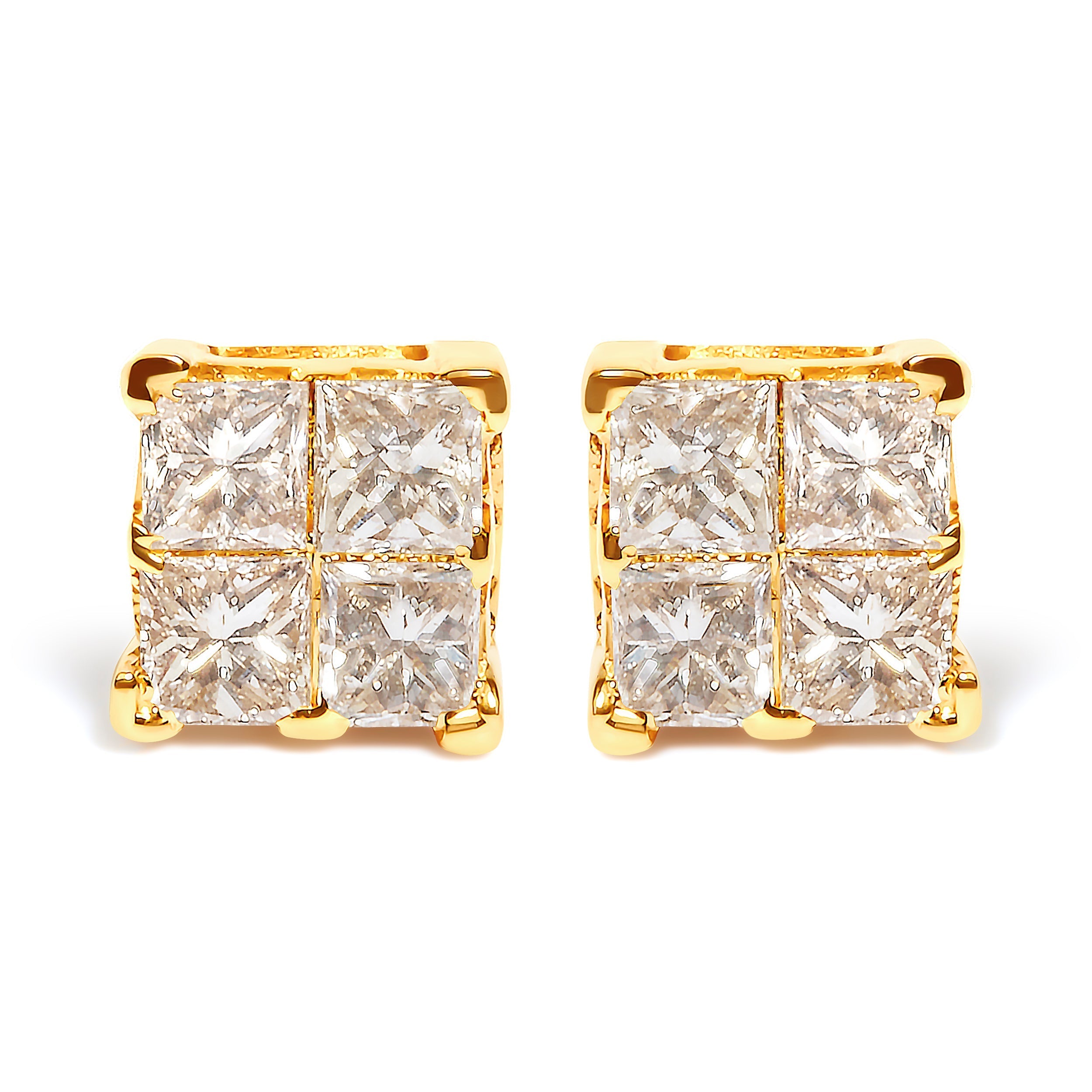 10K Yellow Gold 3/4 Cttw Invisible Set Princess-Cut Diamond Composite Square Stud Earrings (I-J Color, I2-I3 Clarity)