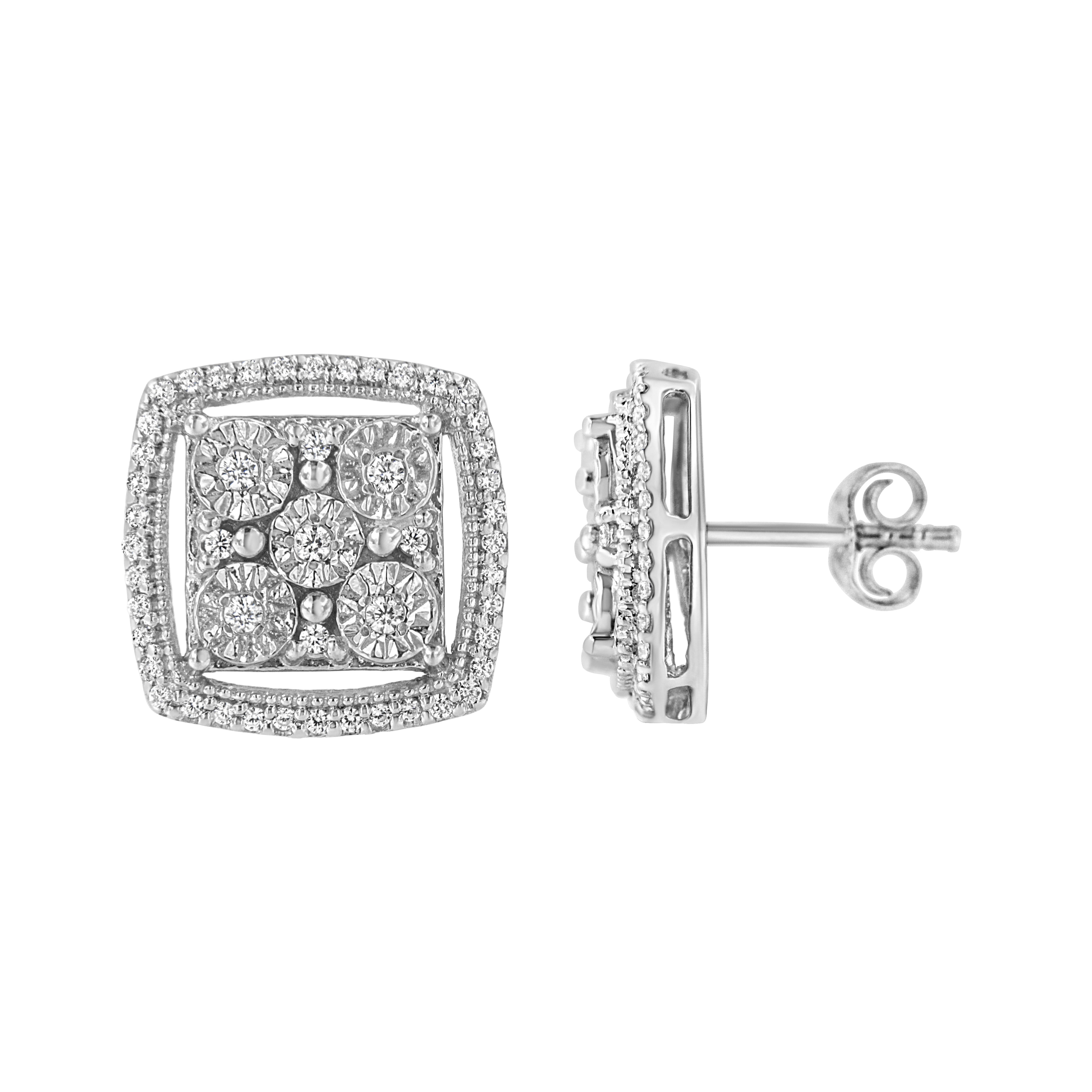 .925 Sterling Silver 3/8 Cttw Miracle Set Round Diamond Double Halo Cluster Earrings (I-J Color, I2-I3 Clarity) by Bids.com