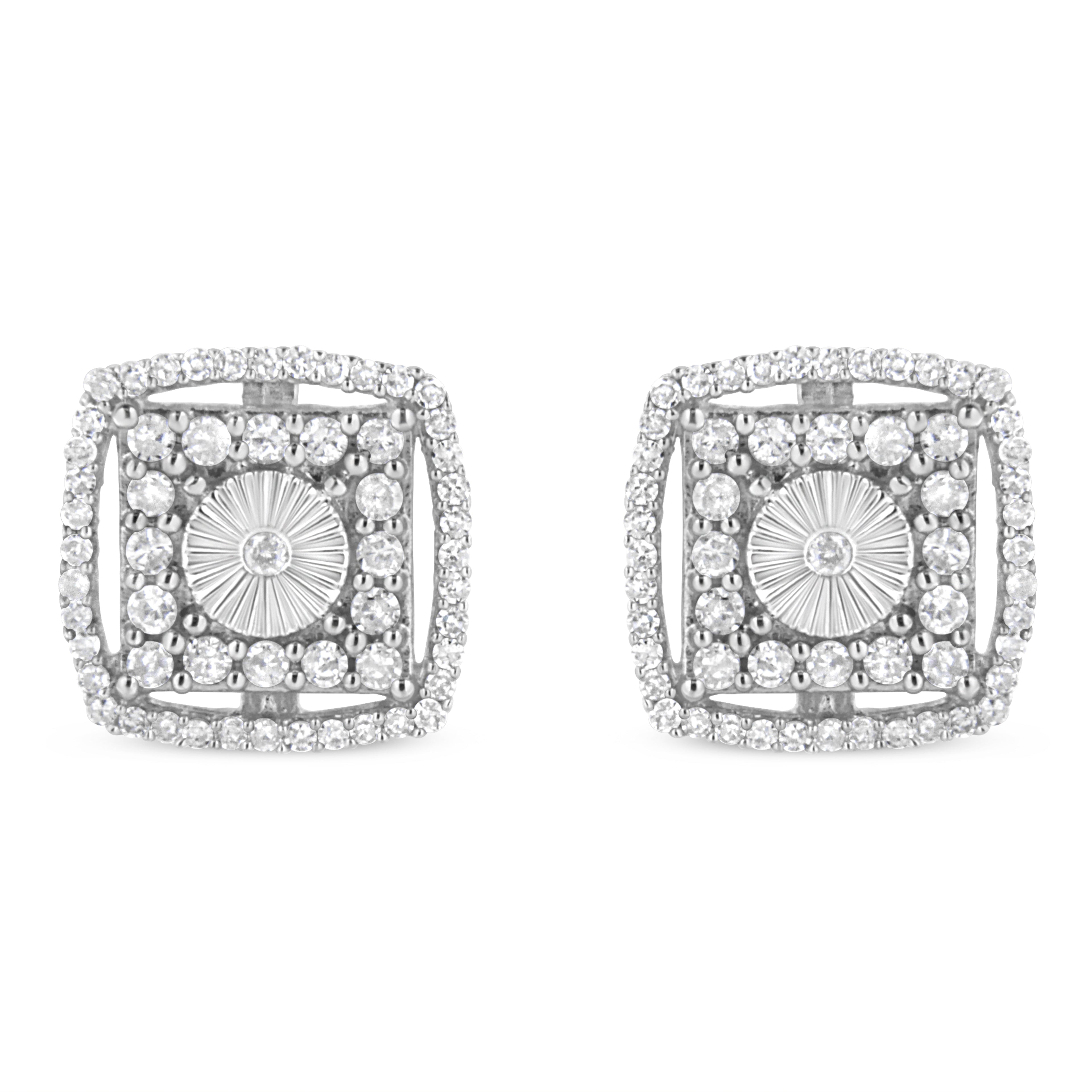 .925 Sterling Silver 1.0 Cttw Round Diamond Double Halo and Disc Stud Earring (I-J Color, I2-I3 Clarity) by Bids.com