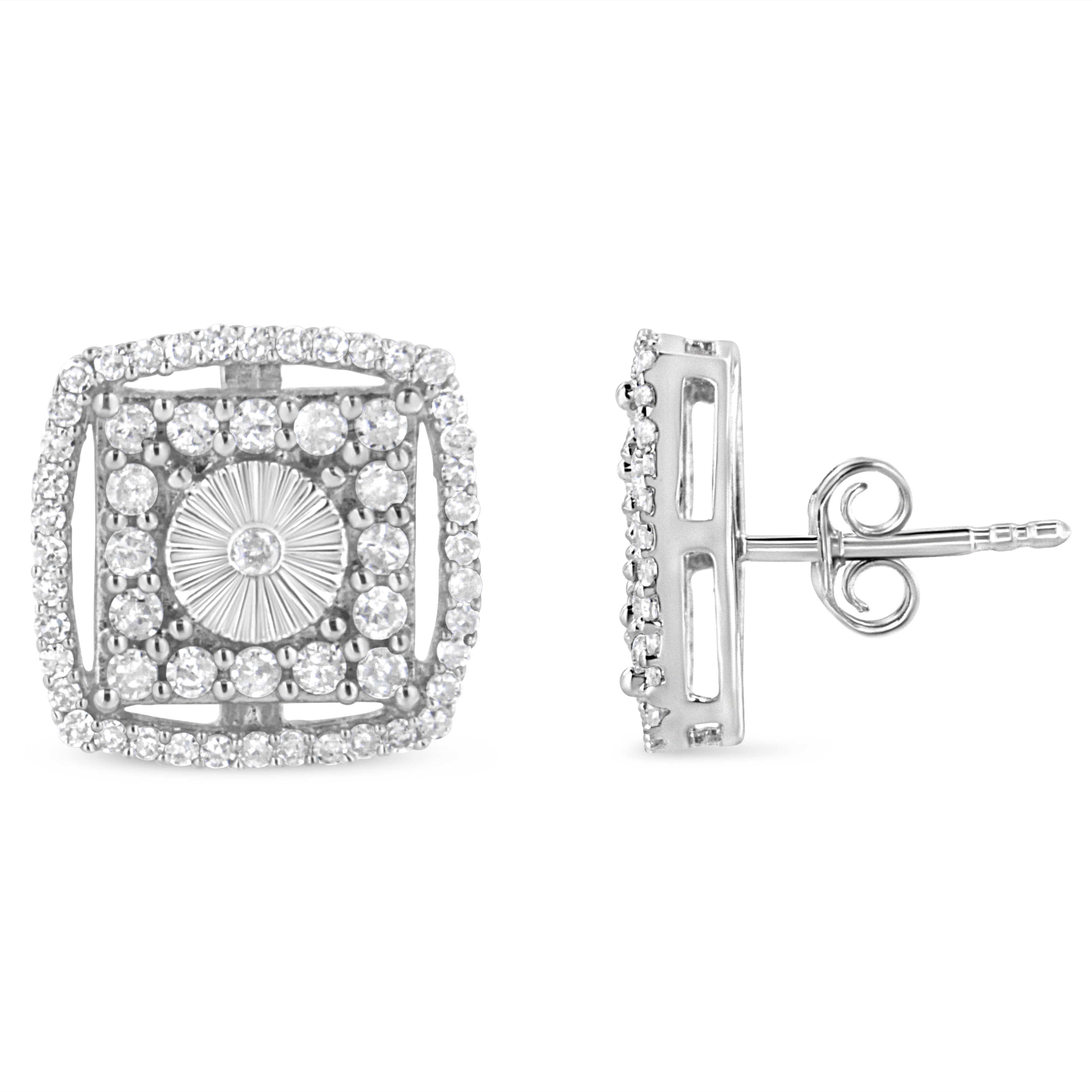 .925 Sterling Silver 1.0 Cttw Round Diamond Double Halo and Disc Stud Earring (I-J Color, I2-I3 Clarity) by Bids.com