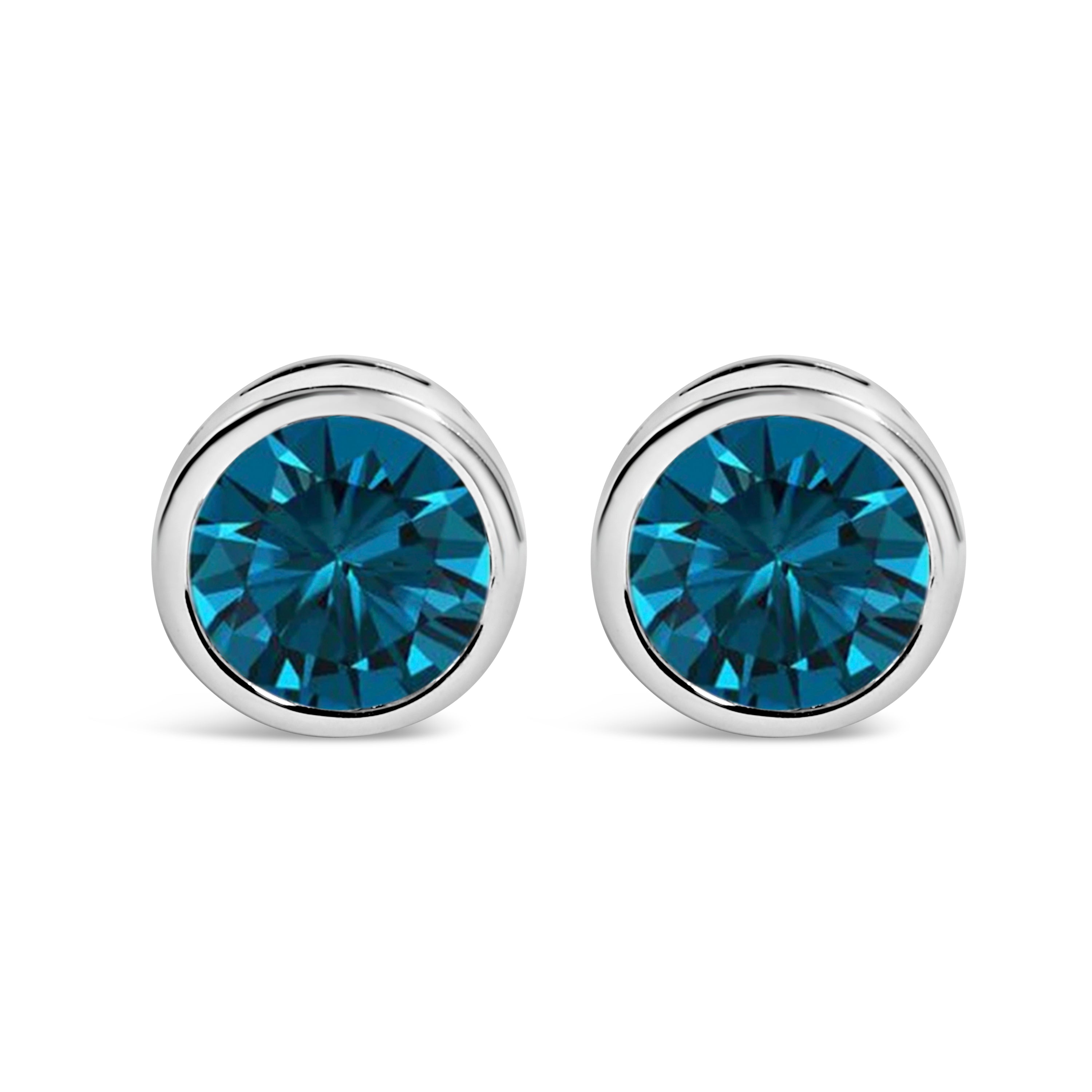 14K White Gold 1.0 Cttw Bezel Set Lab Grown Blue Diamond Solitaire Stud Earrings DestGlow