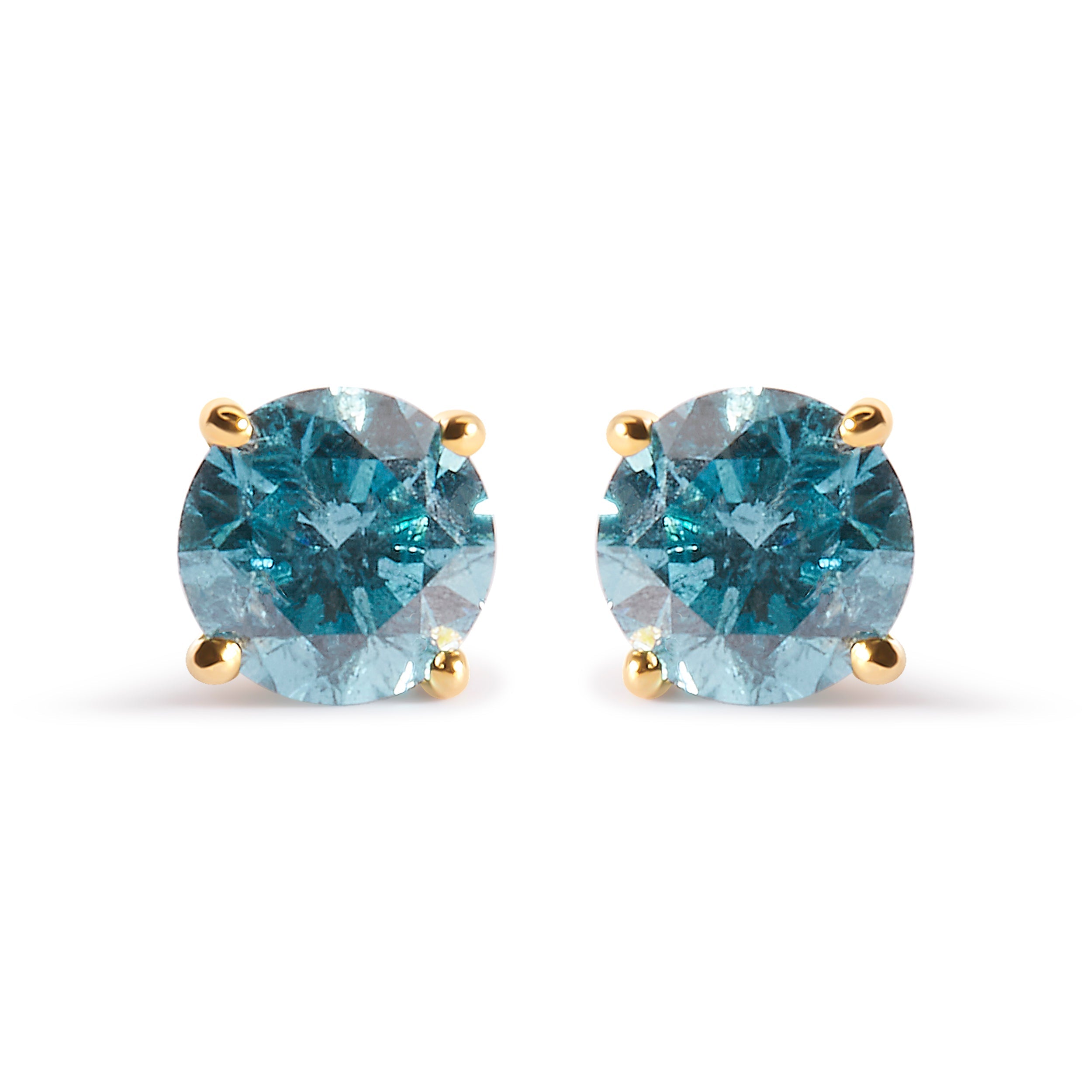 14K Yellow Gold 1.0 Cttw Treated Aqua Blue Diamond Classic Solitaire Stud Earrings (Aqua Blue Color, I2-I3 Clarity)