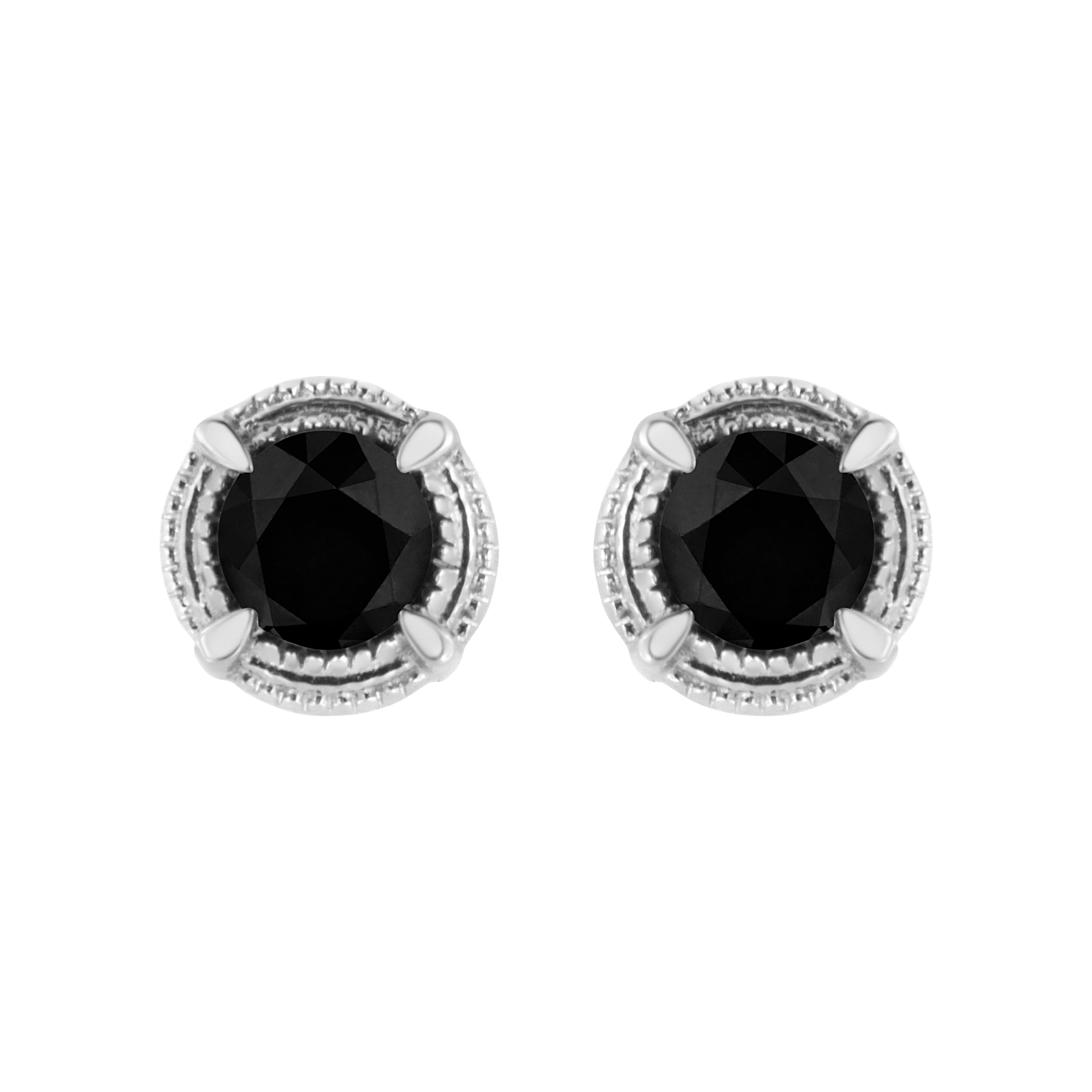 .925 Sterling Silver 1 cttw Treated Black Diamond Modern 4-Prong Solitaire Milgrain Stud Earrings (Black Color, I1-I2 Clarity) by Bids.com